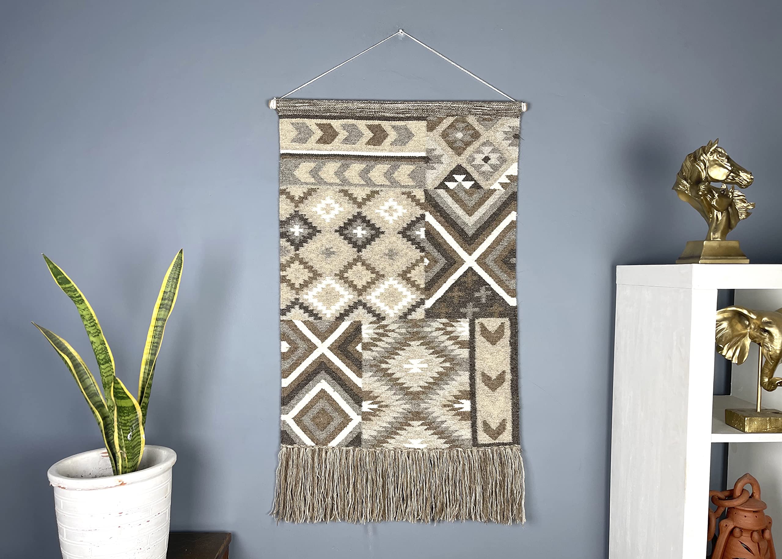 Handwoven Rustic Kilim Wall Hanging 2'x3' - Natural Wool & Cotton Tapestry for Living Room, Bedroom & Family Room Decor - Grey Bohemian Wall Art for Home & Office