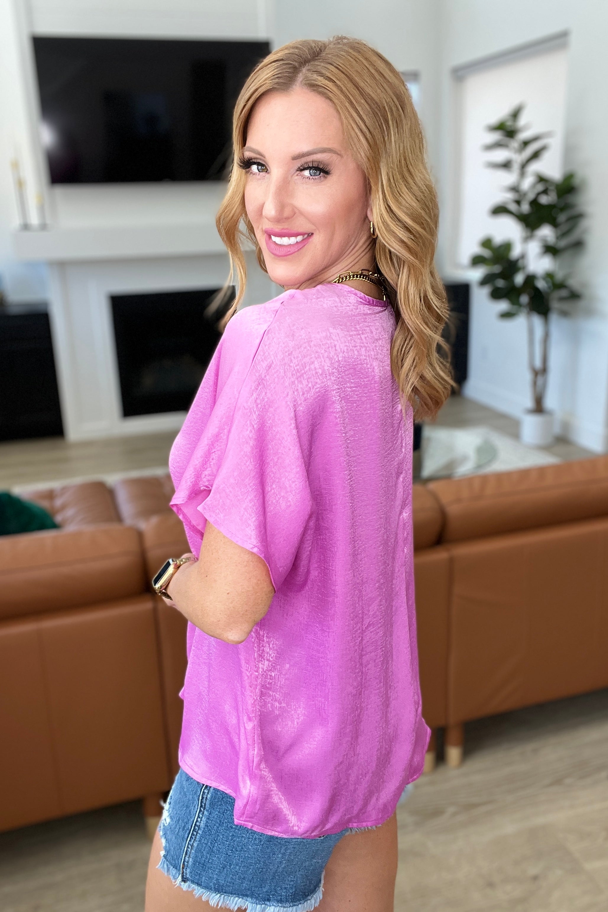 Stylish Pleat Front V Neck Top in Spring Orchid - Perfect for Casual Outings, Office Wear & Spring Fashion