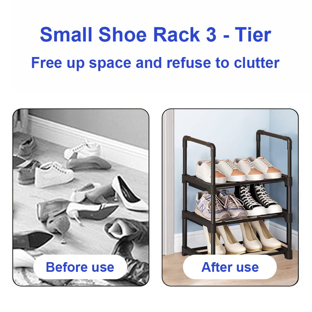Compact 3-Tier Metal Shoe Rack for Small Spaces - Narrow Shoe Storage Organizer with Sturdy Design for Closet, Entryway, Hallway & Living Room - Perfect for Apartments, Dorms and Tight Spaces