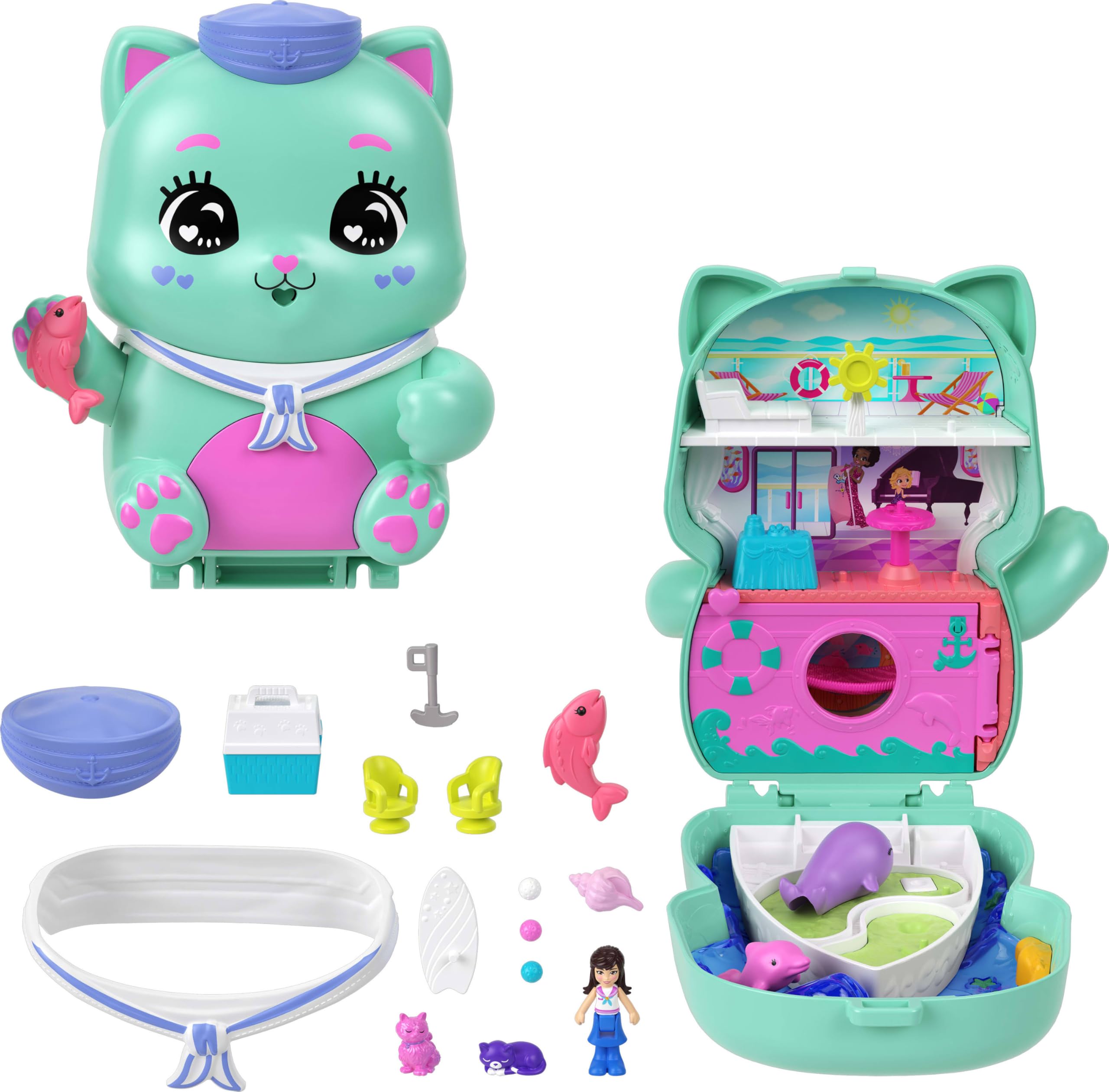 Polly Pocket Set Sail Kitty Compact Travel Toy with 1 Micro Doll, Pet Cats, Food & Fashion Styling Accessories - Perfect for On-the-Go Play, Birthday Gifts & Collectible Dollhouse Fun