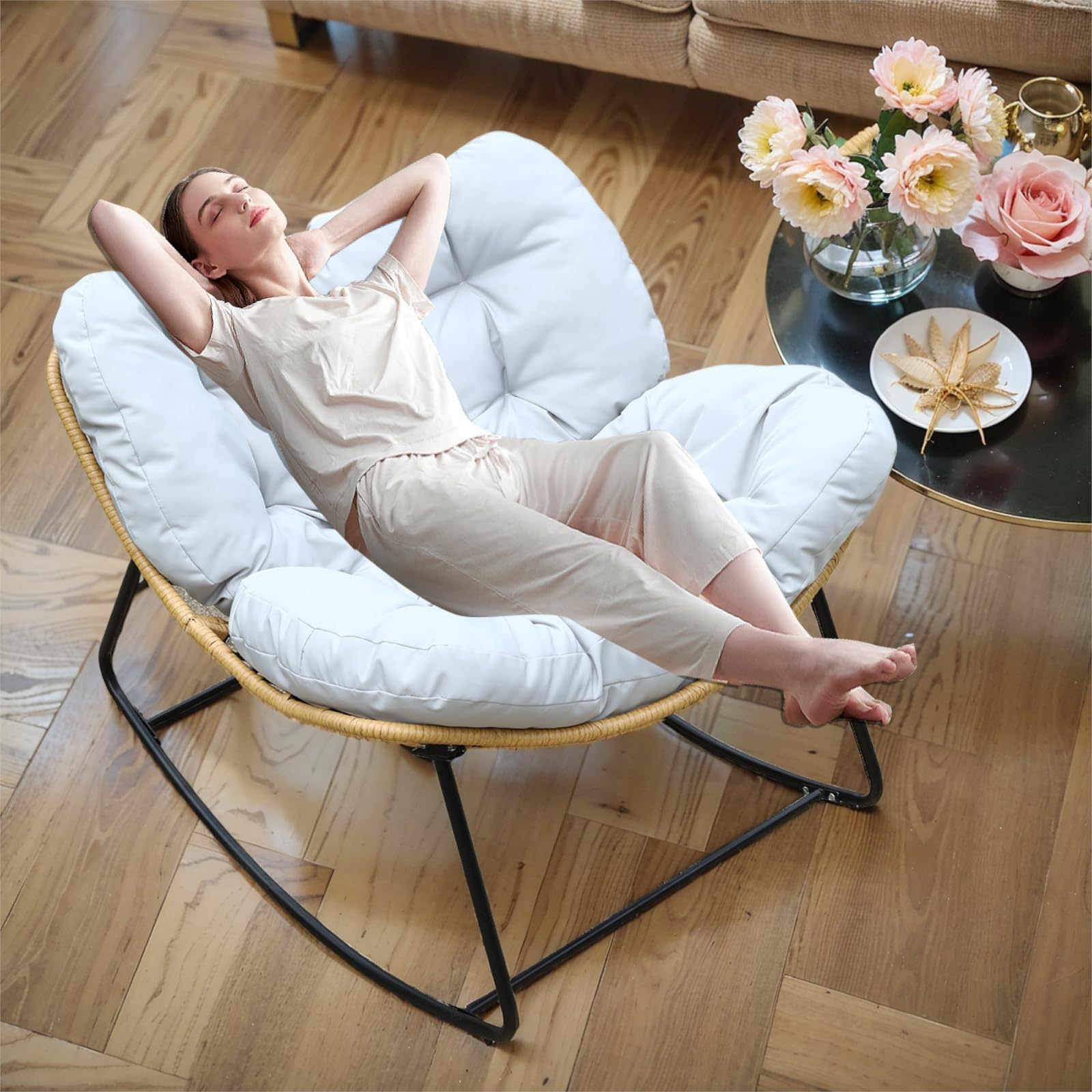 Outdoor Rocking Papasan Chair - Egg Recliner Rocker for Patio, Garden & Porch - White Padded Swing Chair for Relaxing in Bedroom, Living Room or Backyard - Perfect for Reading, Napping & Lounging