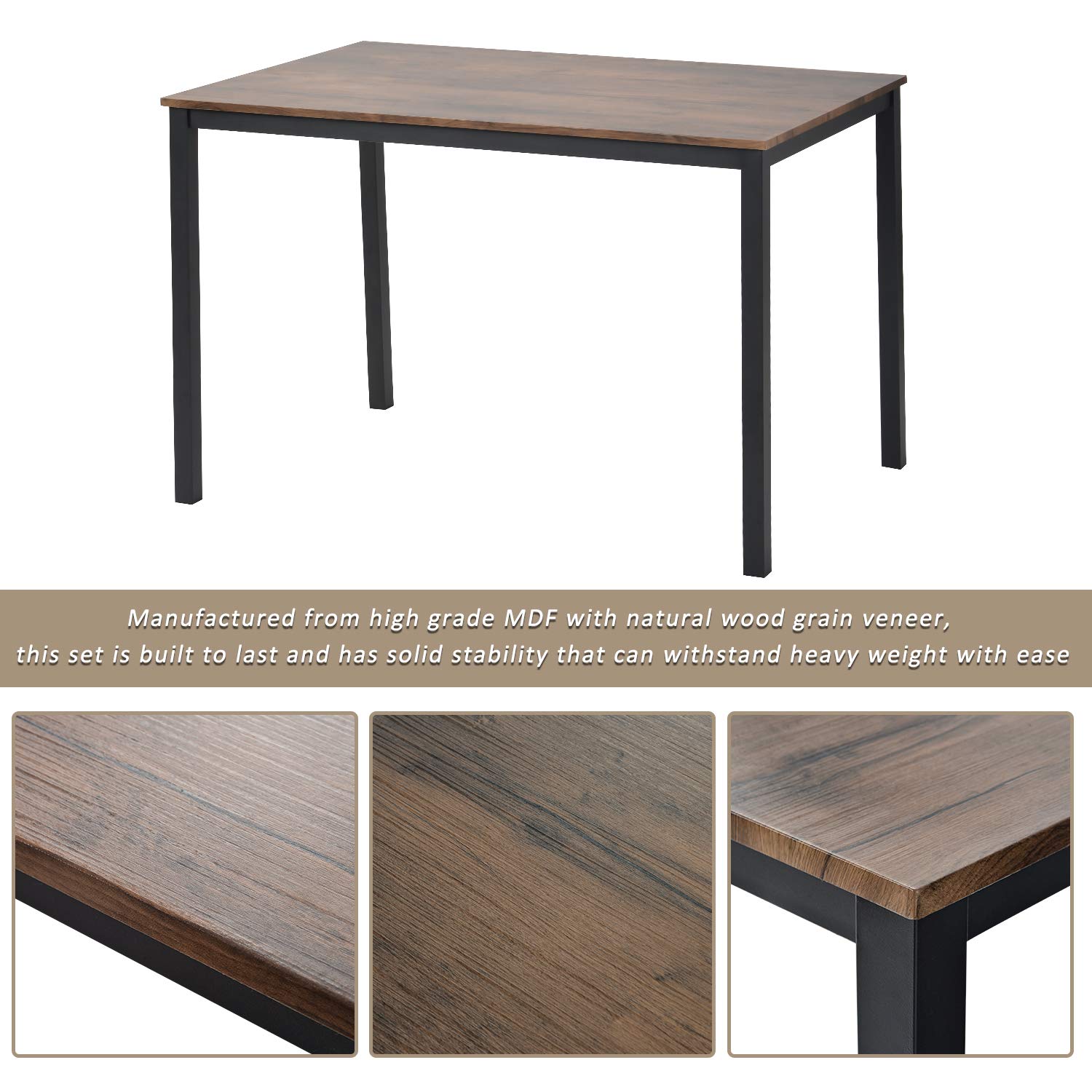 Goujxcy 5-Piece Industrial Dining Table Set - Solid Wood Table with Metal Frame & 4 Matching Chairs - Rustic Kitchen Dining Set for 4 People - Perfect for Small Spaces, Apartments & Farmhouse Style Homes