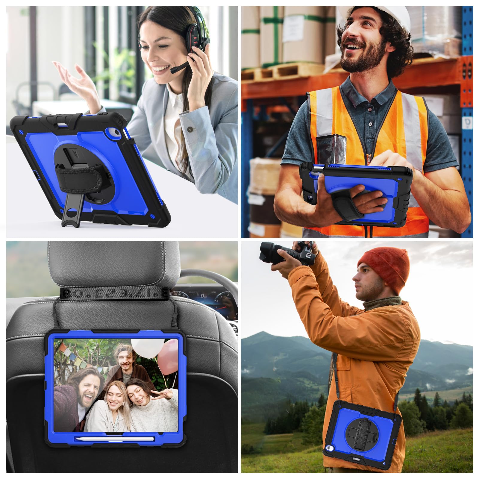 BLOSOMEET Shockproof iPad Air 13 Inch Case (2024 M2 & 2025 M3 Models) with Tempered Glass Screen Protector, Pencil Holder & Adjustable Stand - Rugged Protective Cover with Shoulder Strap for Work, Travel & Outdoor Use (Blue)