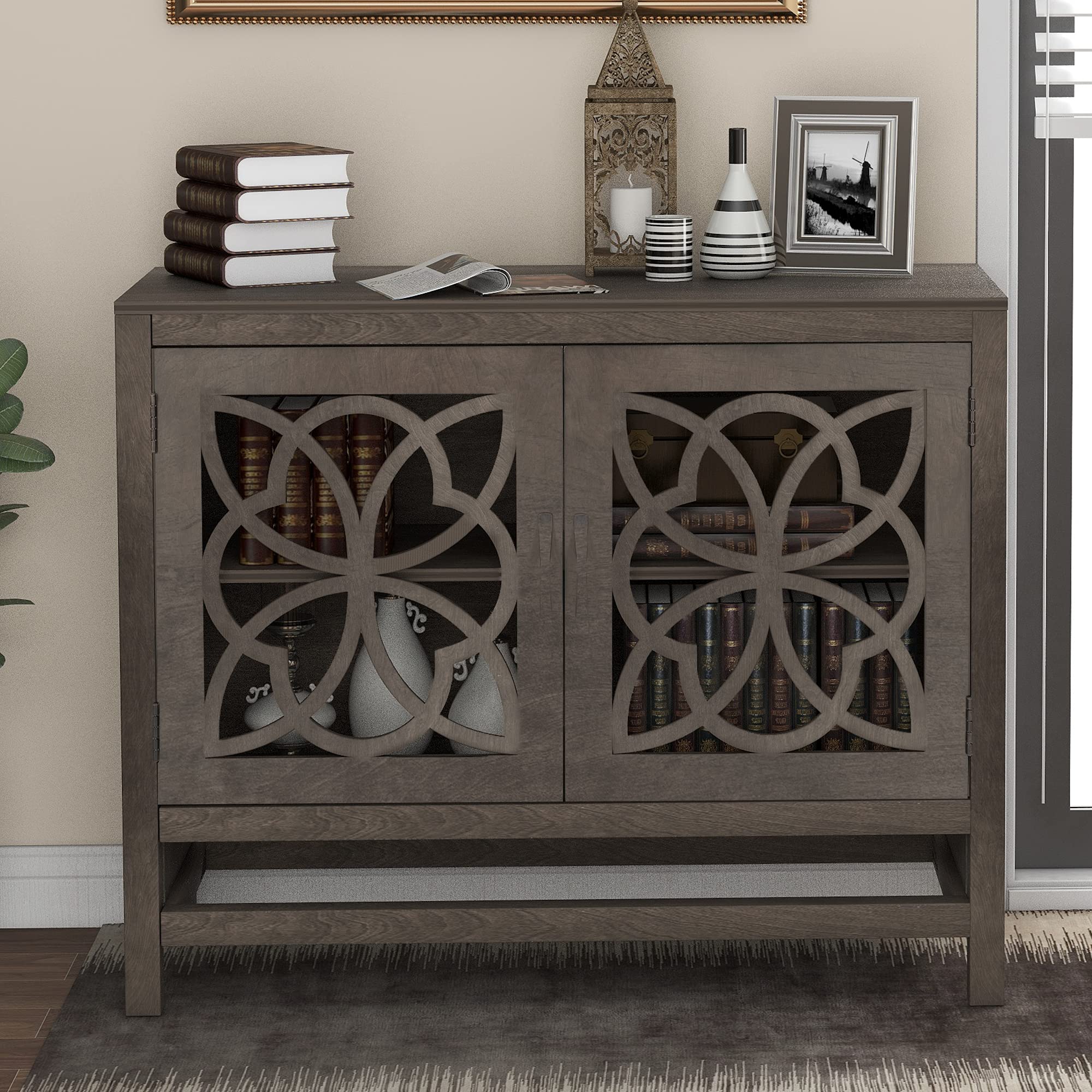 Modern Wooden Sideboard Console Table with Doors & Adjustable Shelf - Buffet Storage Cabinet for Entryway, Kitchen & Dining Room - Grey Accent Furniture for Home Organization & Stylish Decor