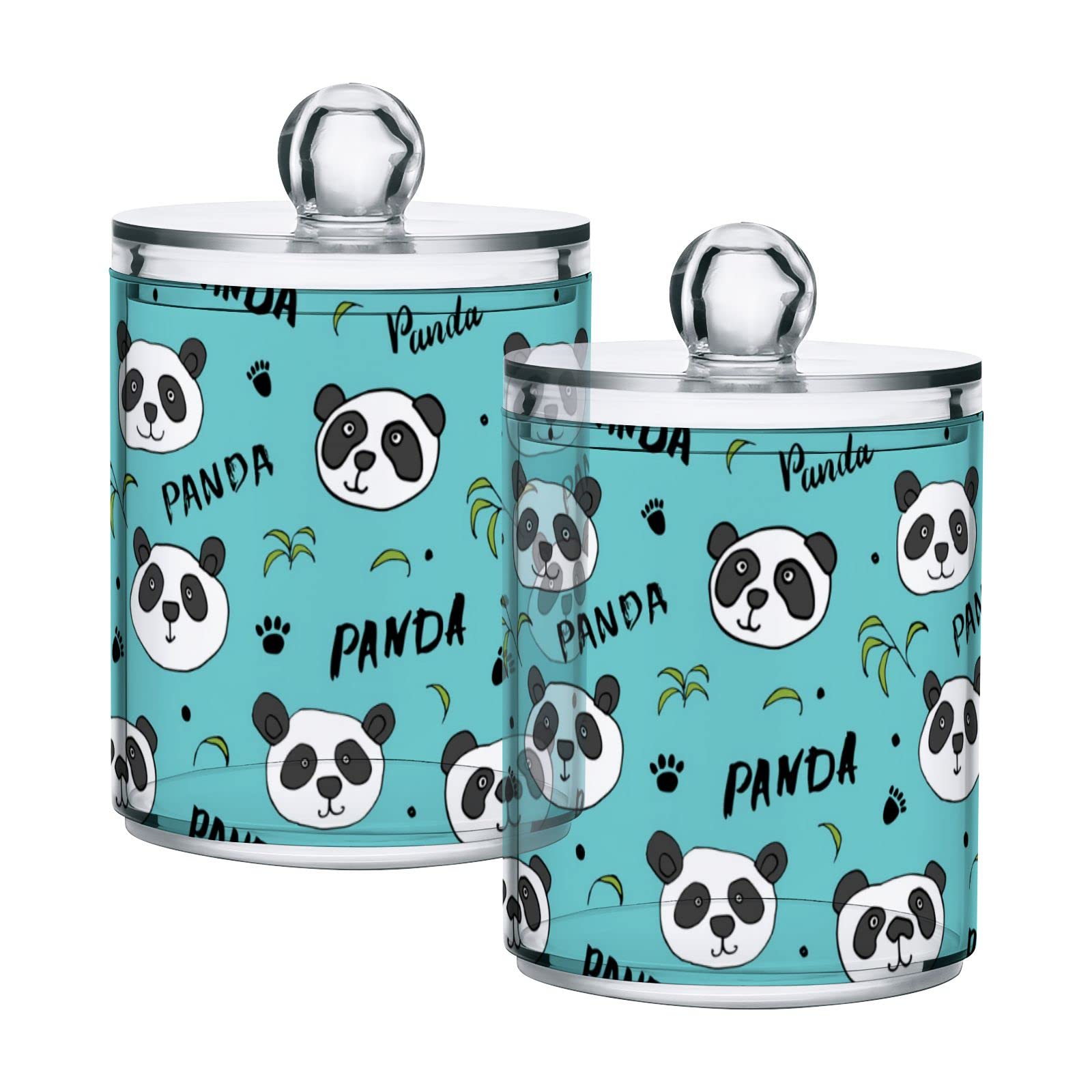 Hand Drawn Panda Heads with Green Leaves Design - Set of 4 Turquoise Plastic Storage Jars with Lids (10oz) | Translucent Food Containers for Tea, Cookies, Cotton Swabs | Perfect for Kitchen Pantry Organization & Canning Supplies