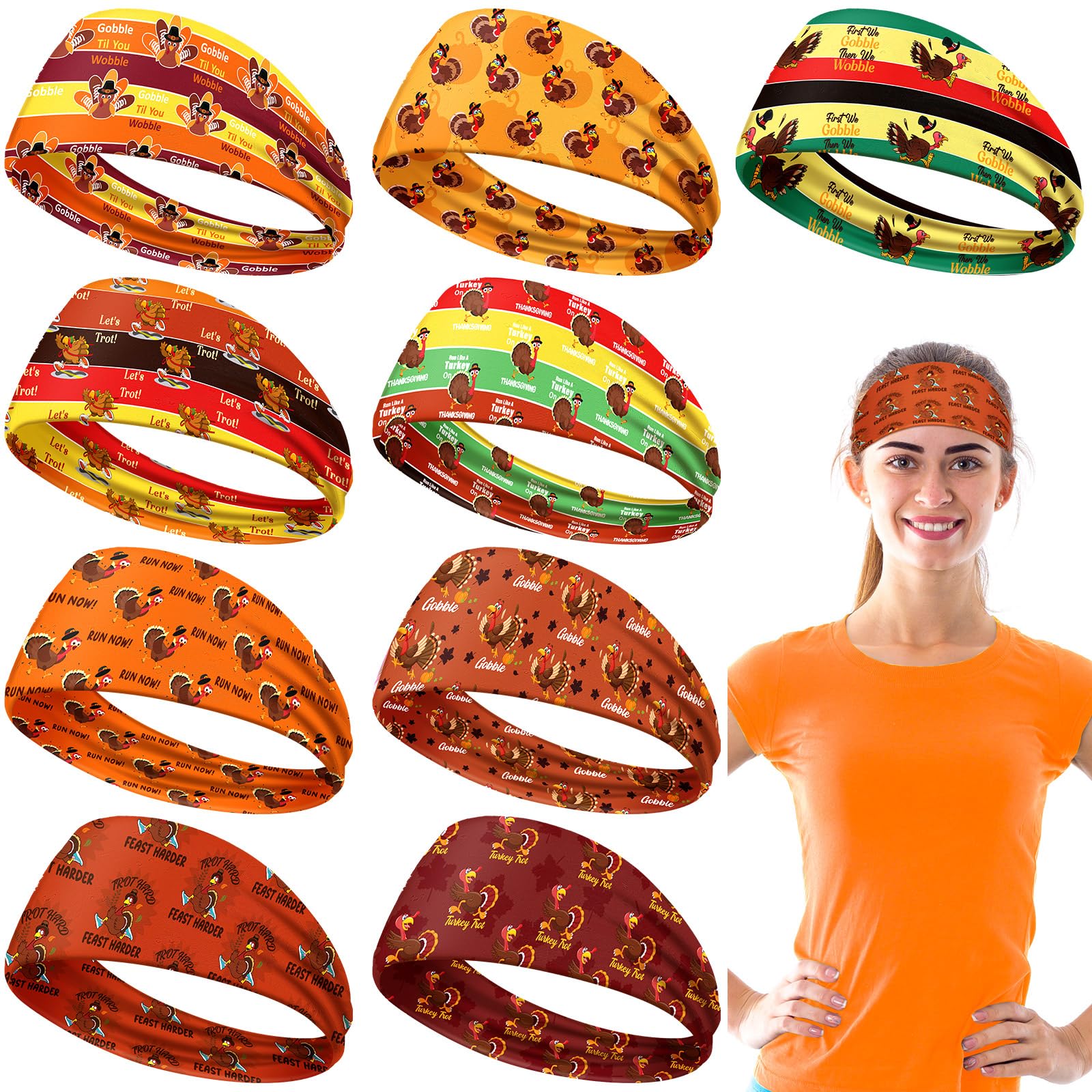 9 Pcs Turkey Trot Thanksgiving Sports Headbands for Men & Women - Non-Slip Workout Headbands, Sweat-Wicking Holiday Running Bands for Fitness, Yoga, Cycling - Perfect for Thanksgiving Races, Gym & Outdoor Activities
