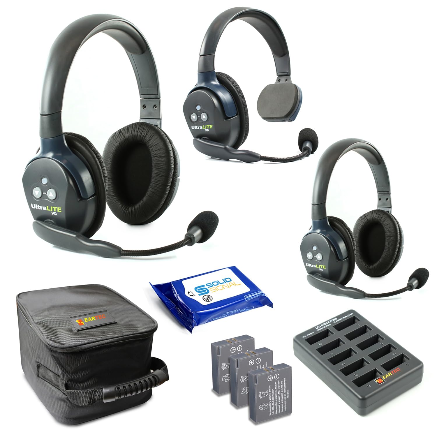 Eartec UL312 Ultralite Full Duplex Wireless Headset System - 3 User Communication (1 Single Ear + 2 Dual Ear Headsets) with SolidSignal Cleaning Wipes - Perfect for Construction, Warehouse & Team Coordination