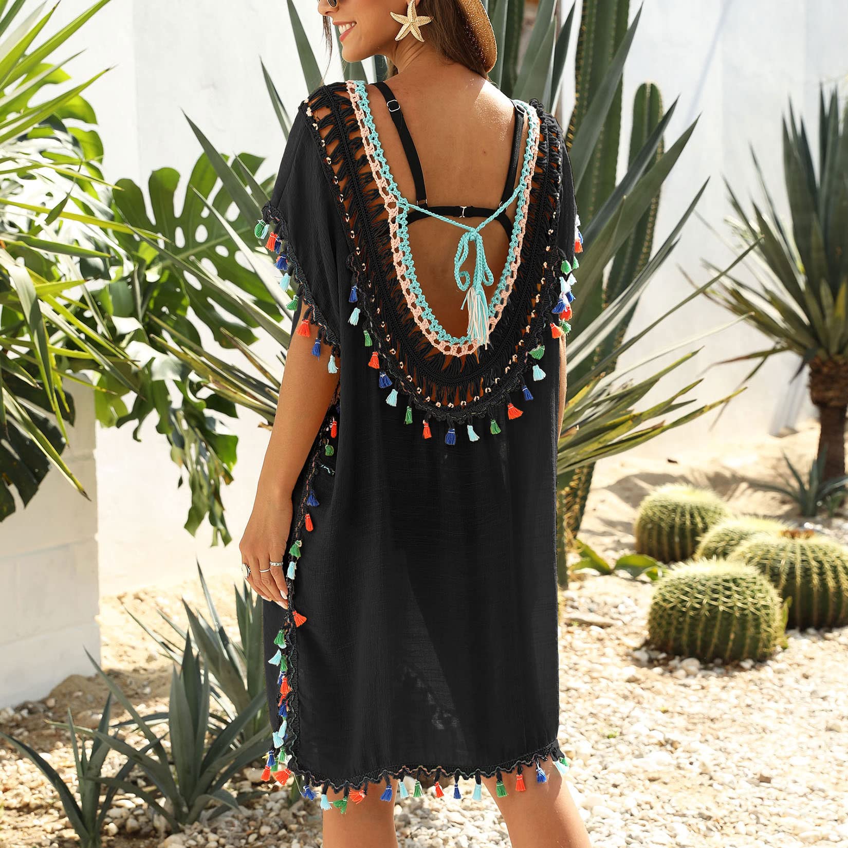 Lu's Chic Women's Beach Dress - Summer Crochet Cover Up with V Neck & Fringe Hollow Out Backless Design | Perfect for Poolside, Vacation, and Boho Fashion Outfits