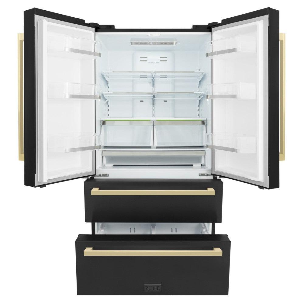 ZLINE Autograph Edition 36-Inch Counter Depth French Door Refrigerator - 22.5 cu. ft. Capacity, Fingerprint Resistant Black Stainless Steel with Champagne Bronze Handles, Built-In Ice Maker | Modern Kitchen Appliance for Home, Restaurant & Office Use