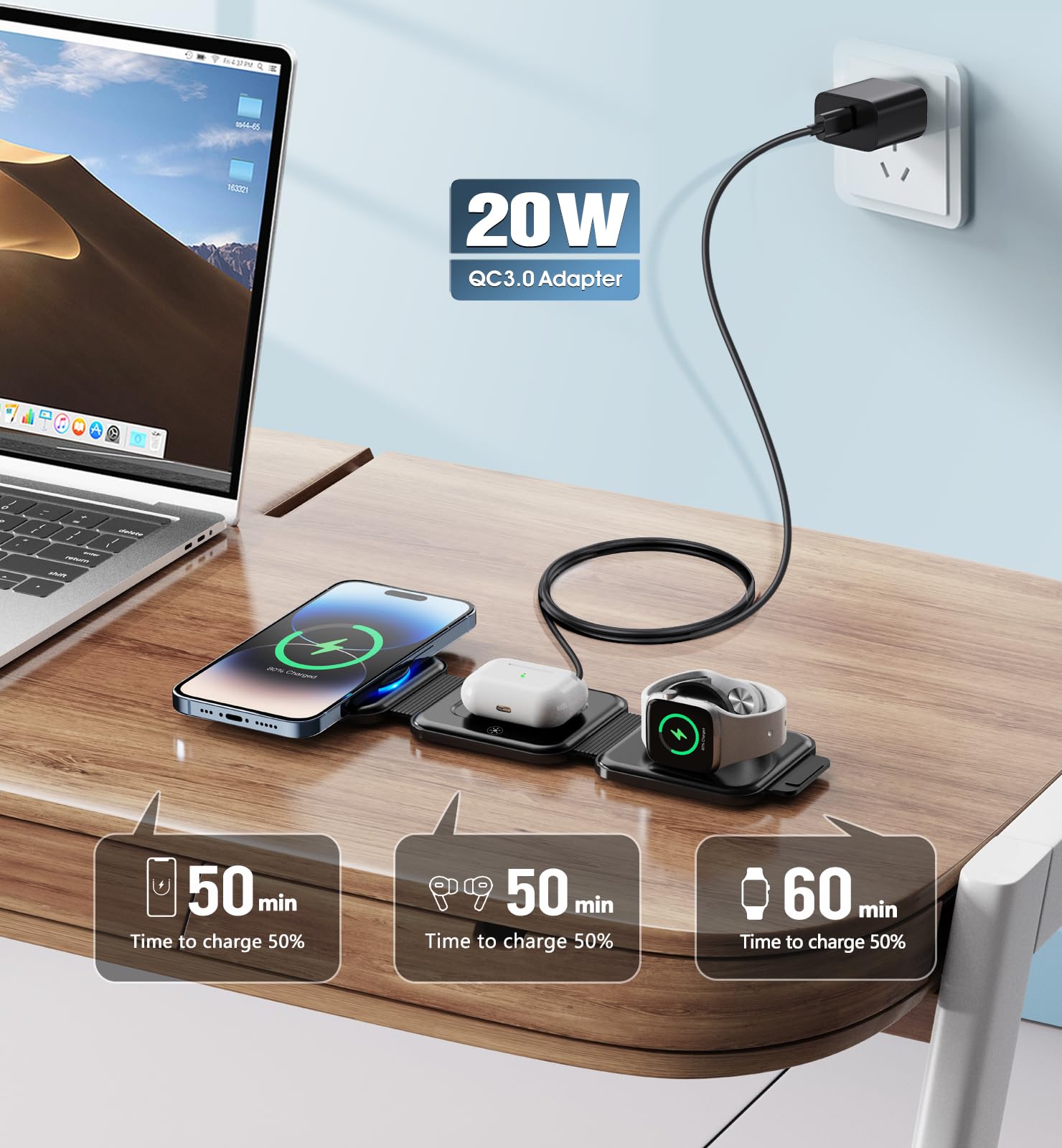3-in-1 Wireless Charging Station for iPhone 16/15/14/13/12 Pro Max/Plus/Mini, AirPods 2/3/Pro & Apple Watch Ultra/8/7/SE/6/5 - 20W Fast Foldable MagSafe Charger Pad - Perfect for Travel, Office & Nightstand Charging