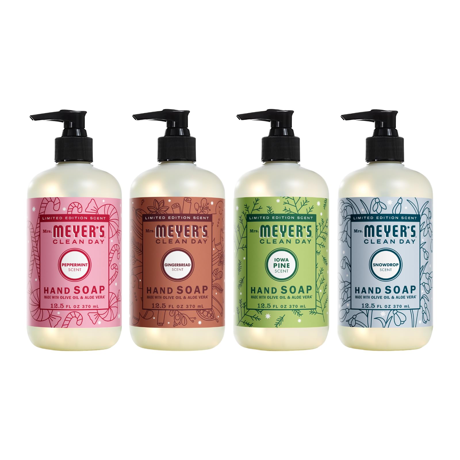 Mrs. Meyer's Clean Day Hand Soap Variety Pack - 4 Bottles (Gingerbread, Iowa Pine, Peppermint & Snow Drop Scents) | Plant-Derived Ingredients, Cruelty-Free | Perfect for Kitchen, Bathroom & Holiday Gifting