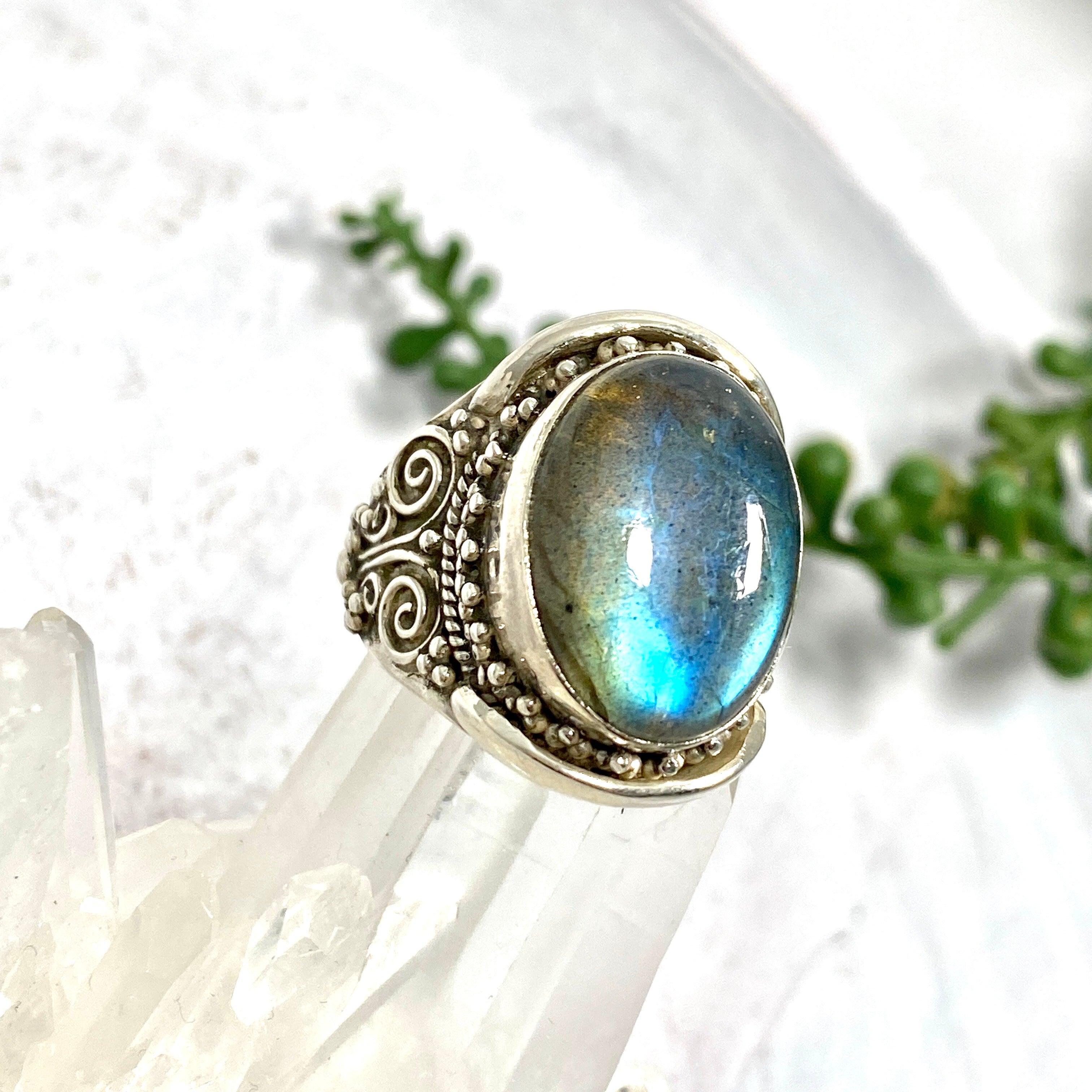 Boho Style Labradorite Oval Ring - Size 11 - Sterling Silver Handmade Jewelry - KRGJ2771 | Perfect for Festival, Wedding & Everyday Boho Fashion