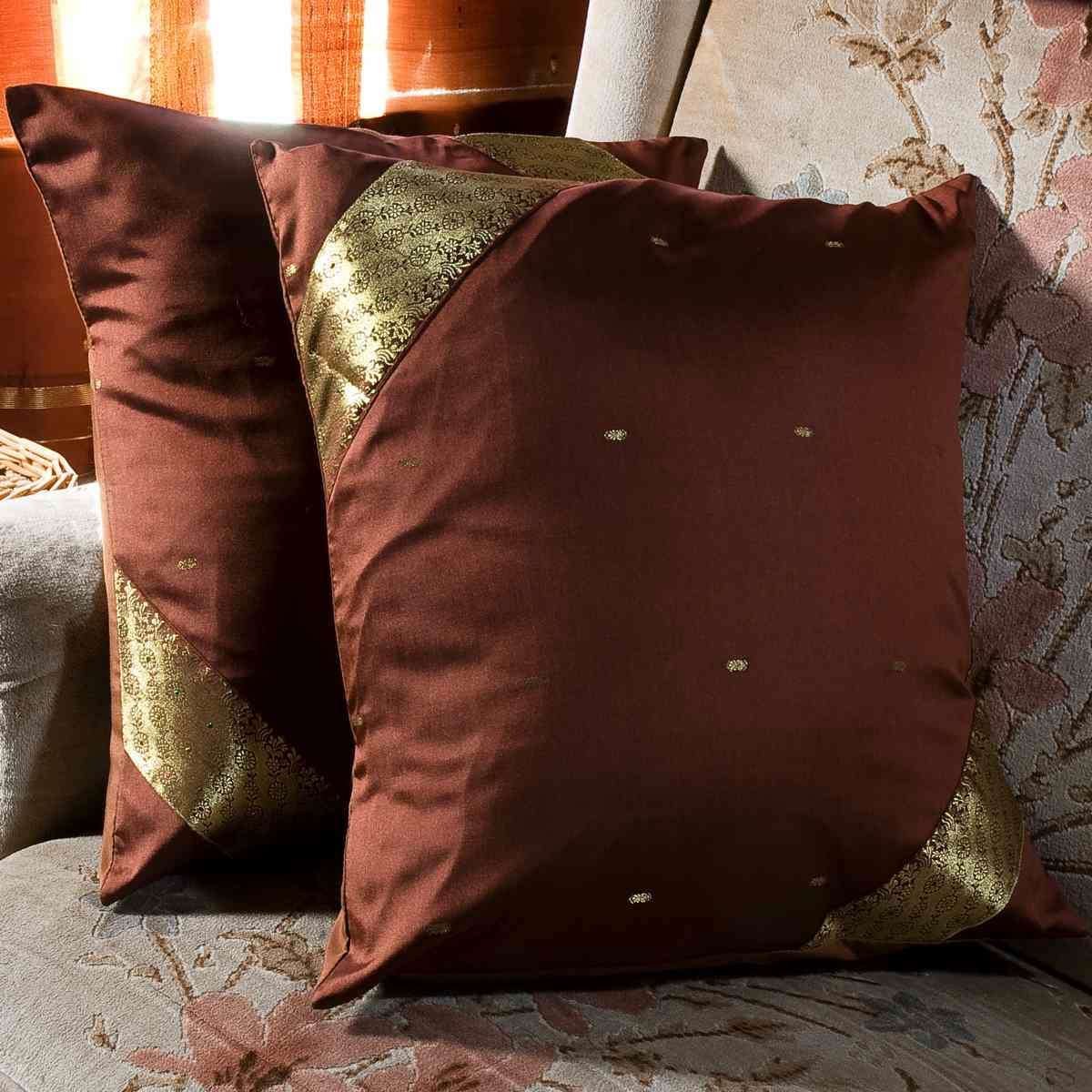 Handmade Boho Sari Cushion Covers Set of 2 - Brown Indian Sari Throw Pillow Covers with Zipper (22x22 Inches) for Sofa, Bed, Living Room & Home Decor