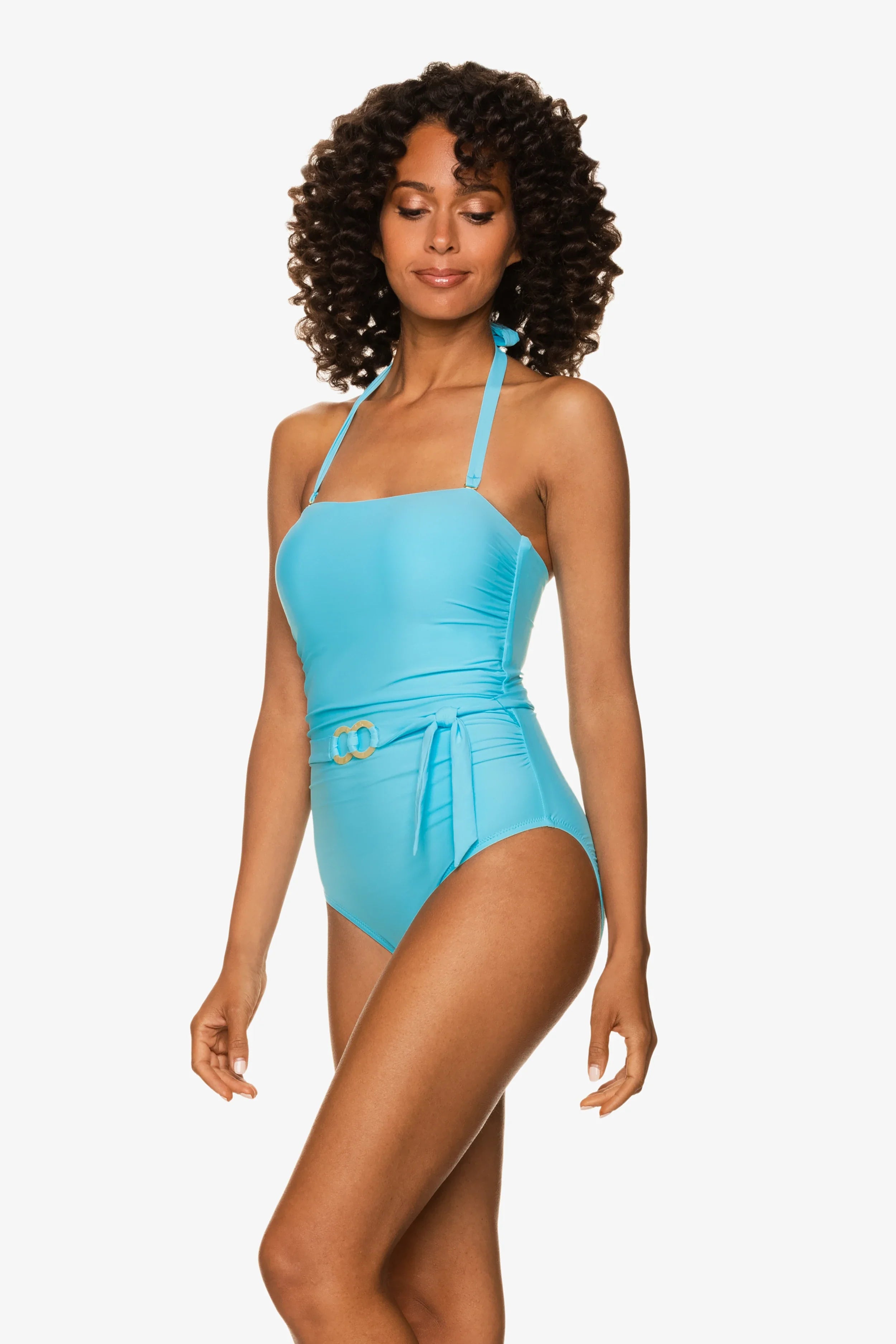 Women's Sky Blue Belted Bandeau One Piece Swimsuit - Sexy Monokini for Beach, Pool & Vacation