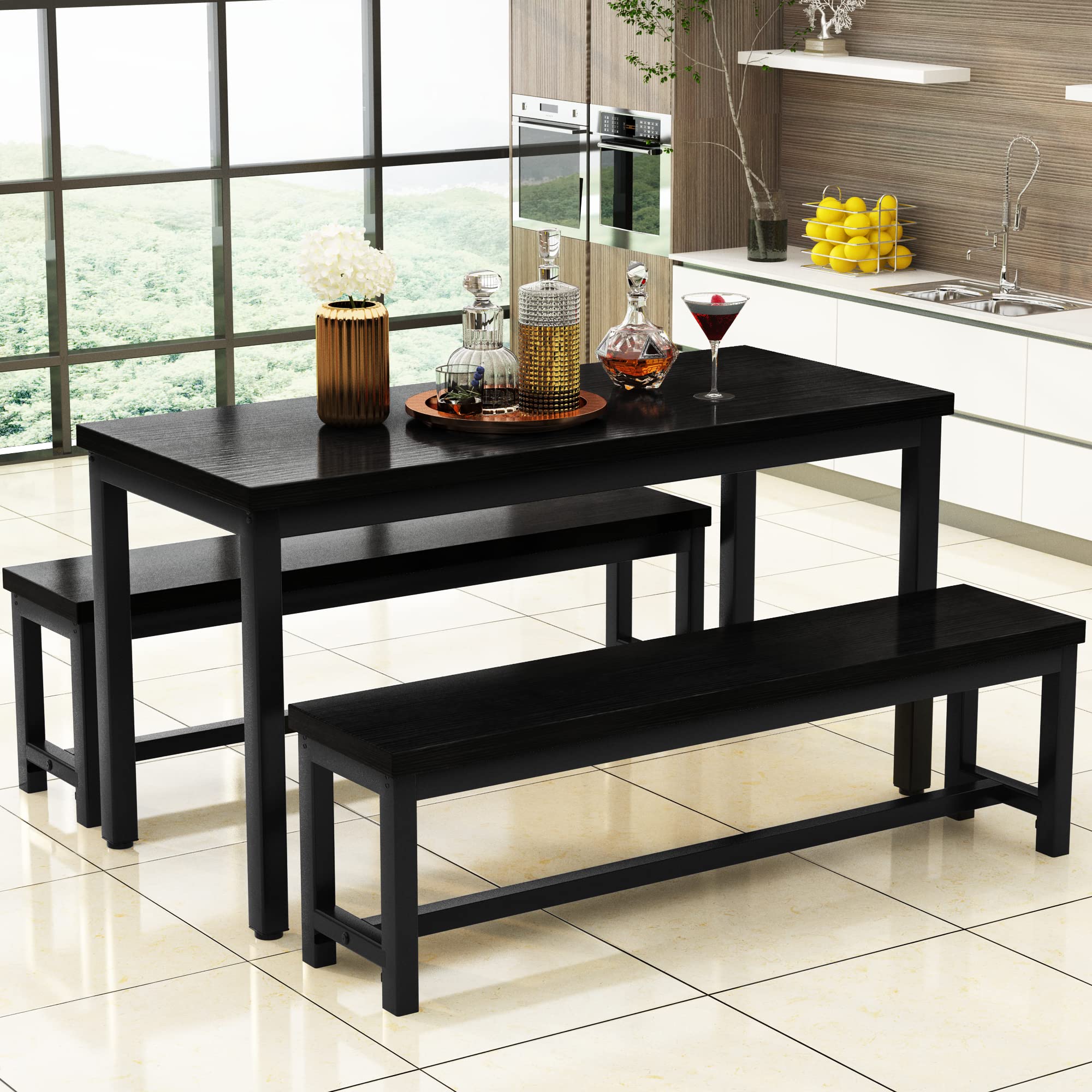 AWQM 43.3 Inch 4-Person Dining Table Set with 2 Benches - Sturdy Metal Frame & Thickened Wood Top - Perfect for Kitchen, Restaurant, Cafe, or Small Space Dining - Black Modern Furniture