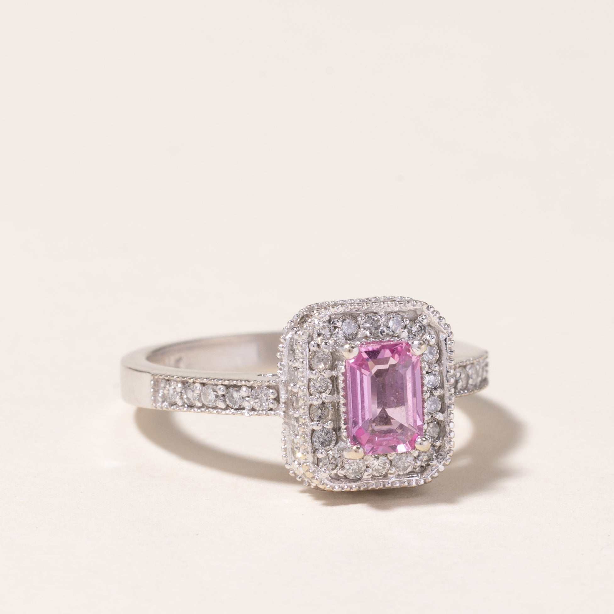 14K White Gold Halo Pink Sapphire Ring - 0.56ct Center Stone & 0.50ctw Diamond Accents | Size 6.75 | Elegant Engagement, Wedding, Anniversary Gift for Her