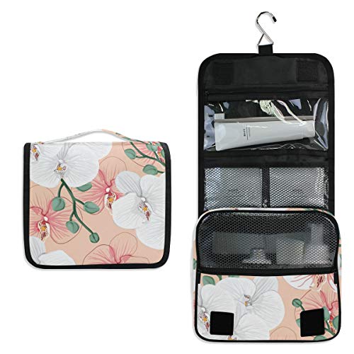 Waterproof Hanging Travel Toiletry Bag for Women - Floral Cosmetic Makeup Organizer with White Orchid Design | Perfect for Vacation, Gym, and Daily Use