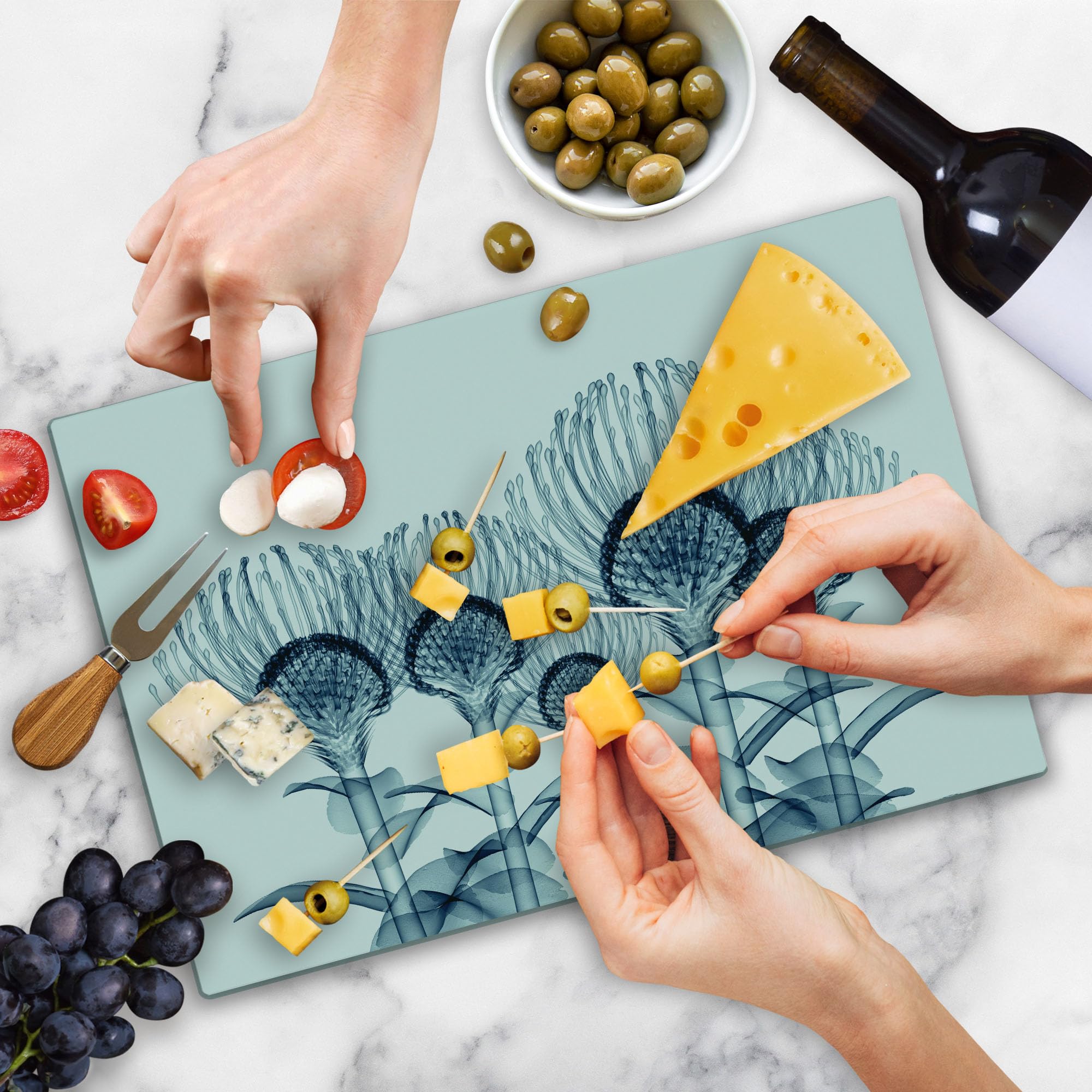 Lunarable Floral Glass Cutting Board - Exotic Plants X-Ray UV Print, Large Tempered Glass Serving Board for Kitchen & Entertaining, Teal & White - Perfect for Cheese, Charcuterie & Party Platters