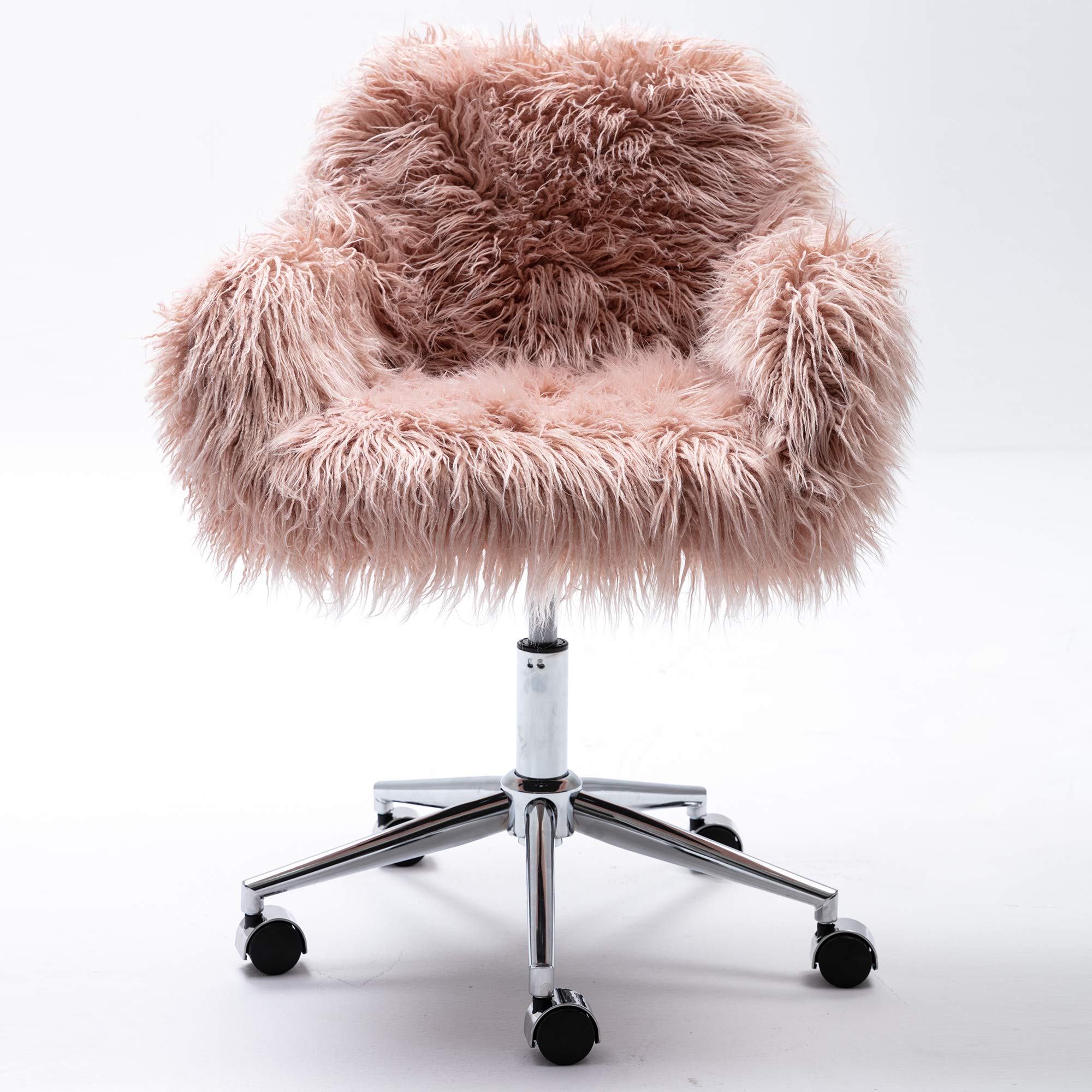 Modern Faux Fur Home Office Chair with Chrome Metal Base - Ergonomic Adjustable Height Computer Task Chair with Arms - Soft Fluffy Vanity Makeup Chair for Women & Girls (Red) - Perfect for Home Office, Gaming Setup, Dressing Room & Bedroom Decor