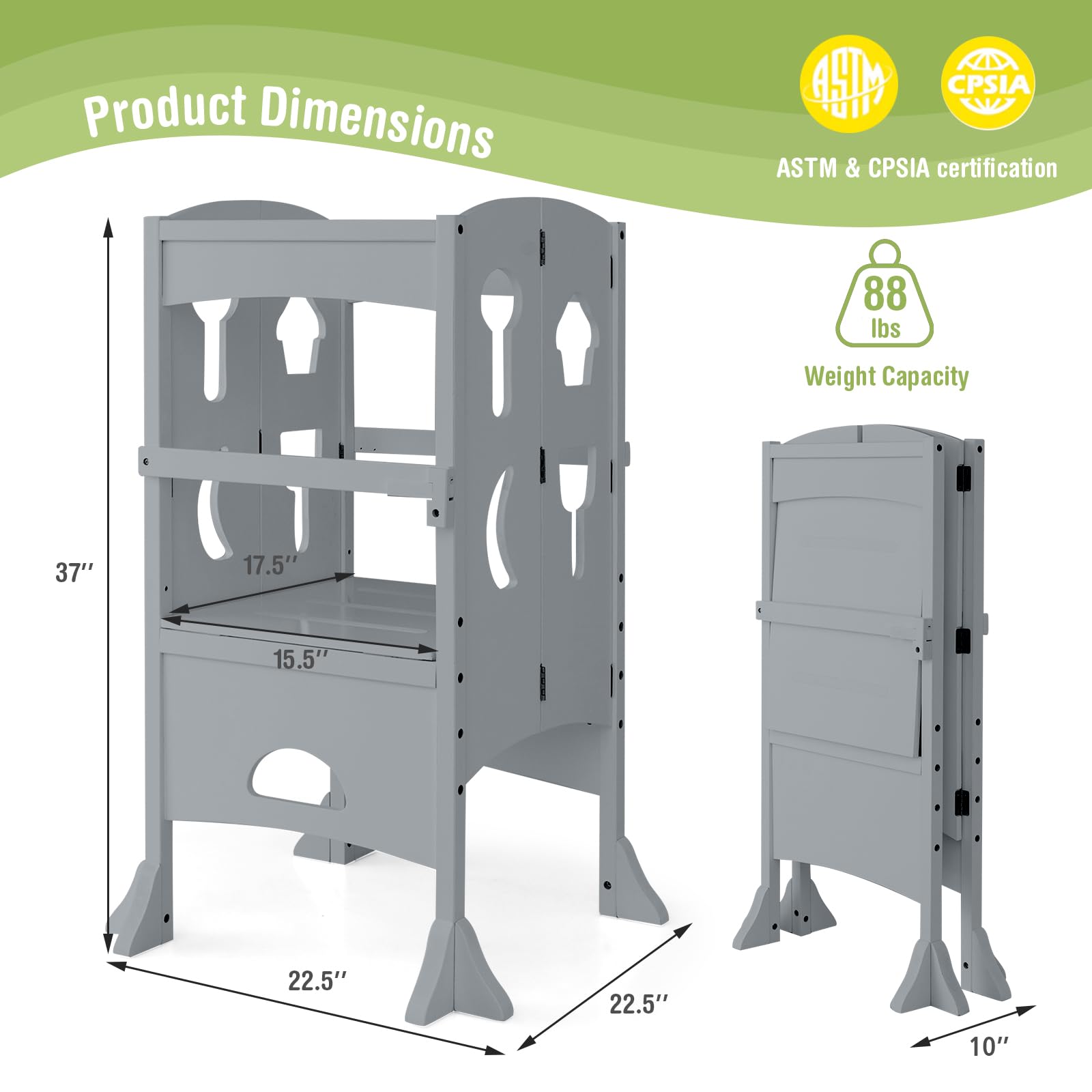 HONEY JOY Foldable Wooden Kitchen Step Stool for Toddlers & Kids with Safety Rail - Montessori Learning Tower for Kitchen Counter - Gray - Perfect for Cooking, Baking & Learning Independence