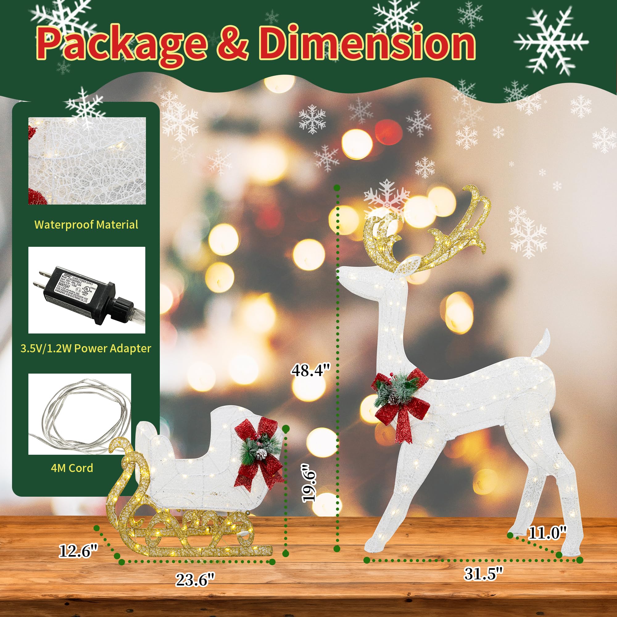 White Reindeer and Santa's Sleigh Christmas Decor with Pre-Strung LED Lights & Ground Stakes - Outdoor Holiday Yard Decoration for Festive Home Decor