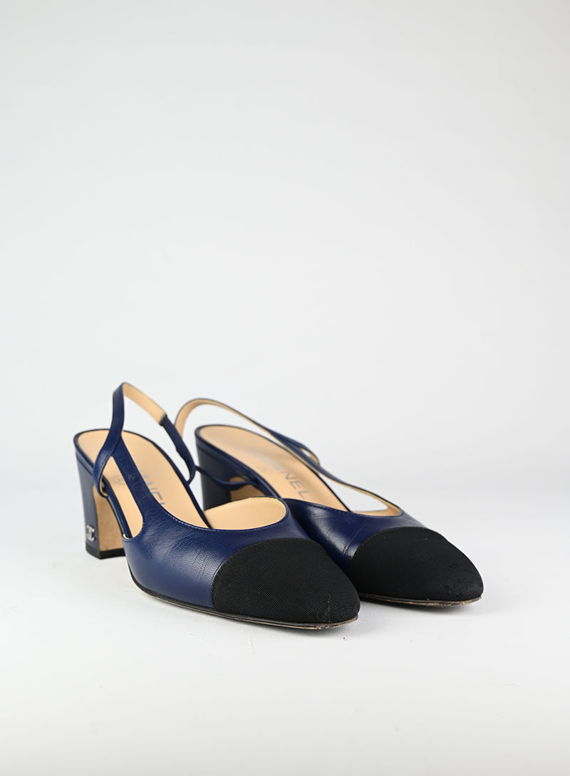 Chanel Slingback Shoes - Black & Blue Women's Heels Size 36 | Classic Luxury Pumps for Office, Party & Special Occasions