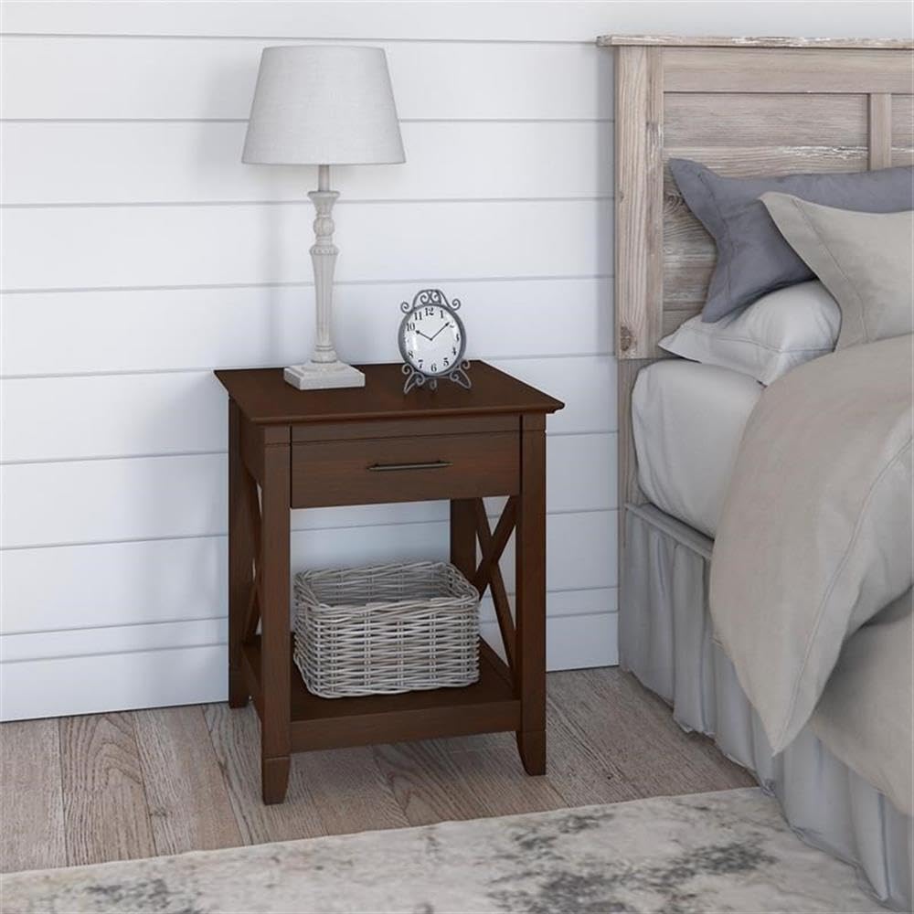 BOWERY HILL Cherry Wood Nightstand with Drawer - Modern Bedside Table for Bedroom, Living Room, or Guest Room - Sturdy Engineered Wood Construction
