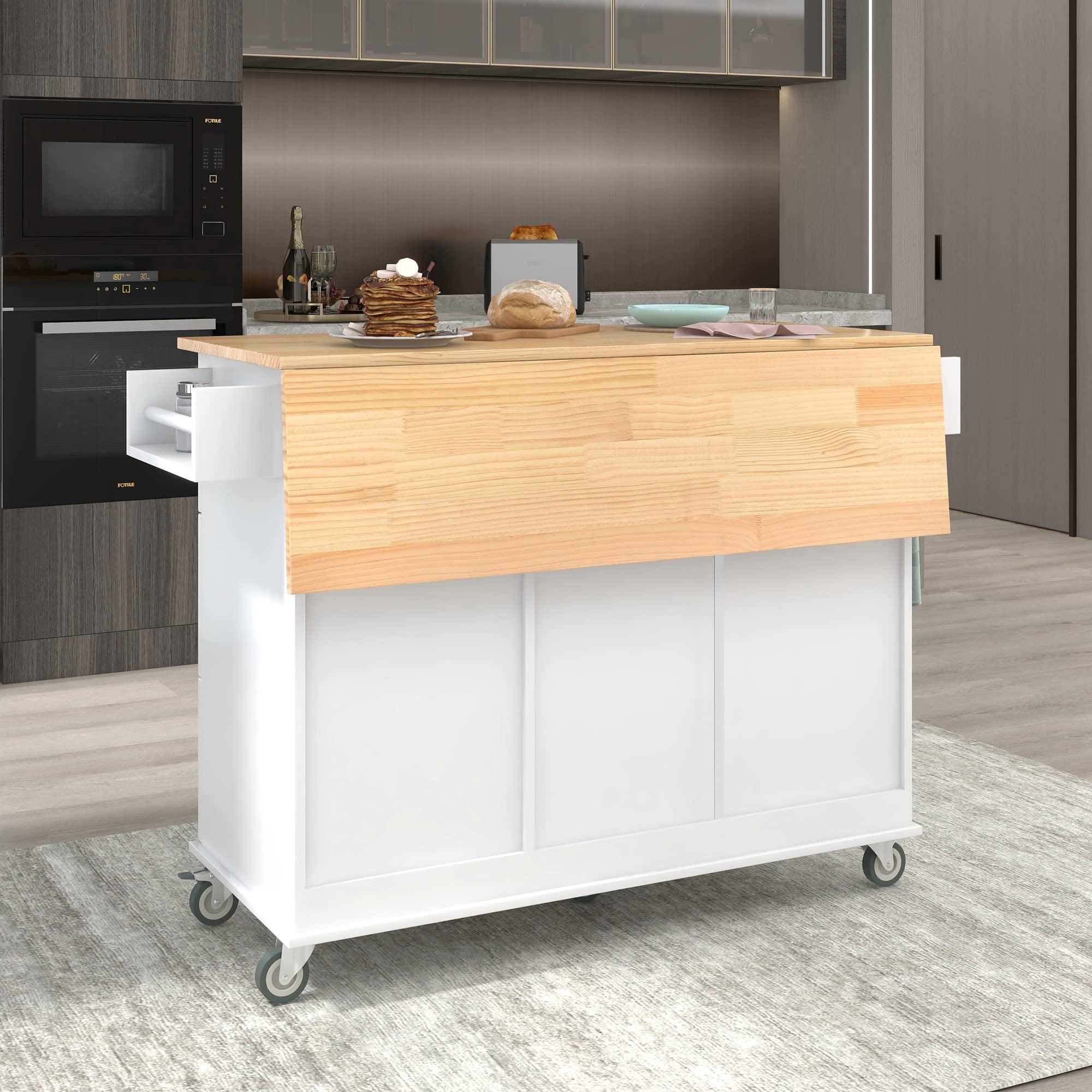 HABITRIO White Kitchen Island Cart with Extendable Solid Wood Table Top - Multi-Functional Counter Height Kitchen Cart with Storage Cabinet, Drawers, Spice Rack & Towel Rack - Perfect for Small Kitchen, Dining Room or Breakfast Nook