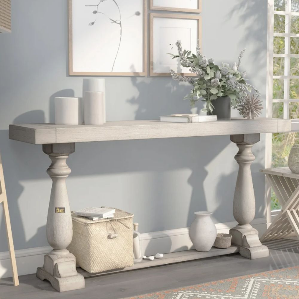 French Provincial Style Grey Wooden Pillar Console Table - Elegant Entryway & Hallway Decor for Home & Office
