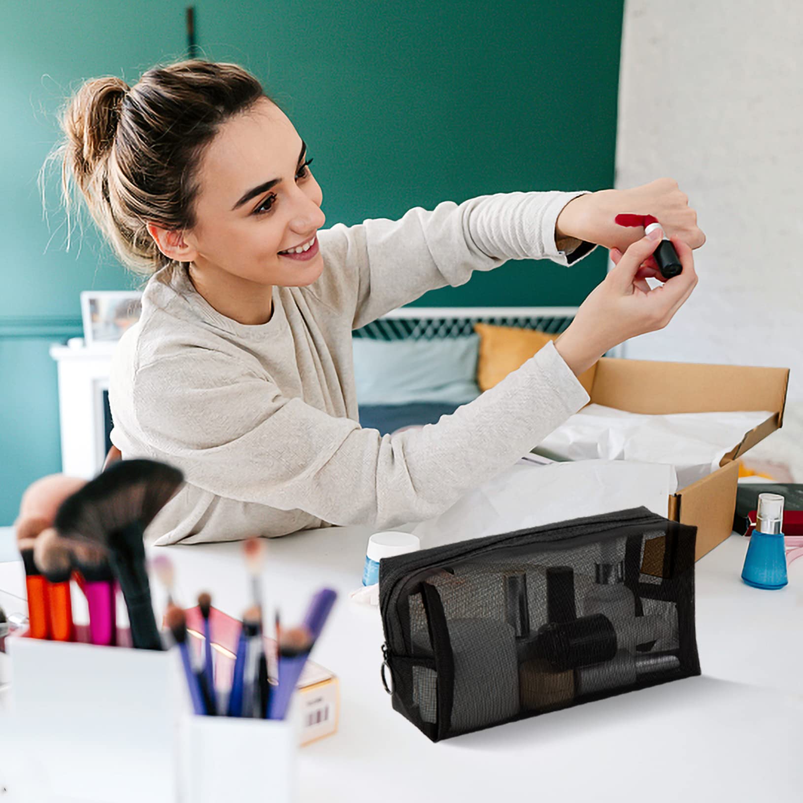 6-Pack Mesh Makeup Bags with Zipper - Travel Toiletry & Cosmetic Organizer for Home, Office & Trips