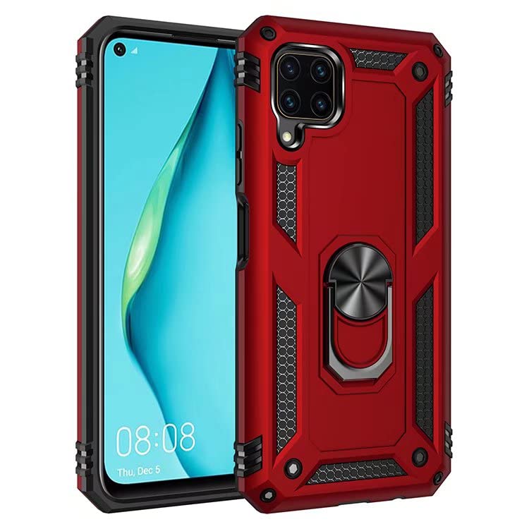 Shockproof Dual Layer Hybrid Armor Case with 360° Rotating Metal Ring Holder & Magnetic Car Mount for Huawei P40 Lite - Heavy Duty Protection for Work, Travel & Outdoor Activities (Red)