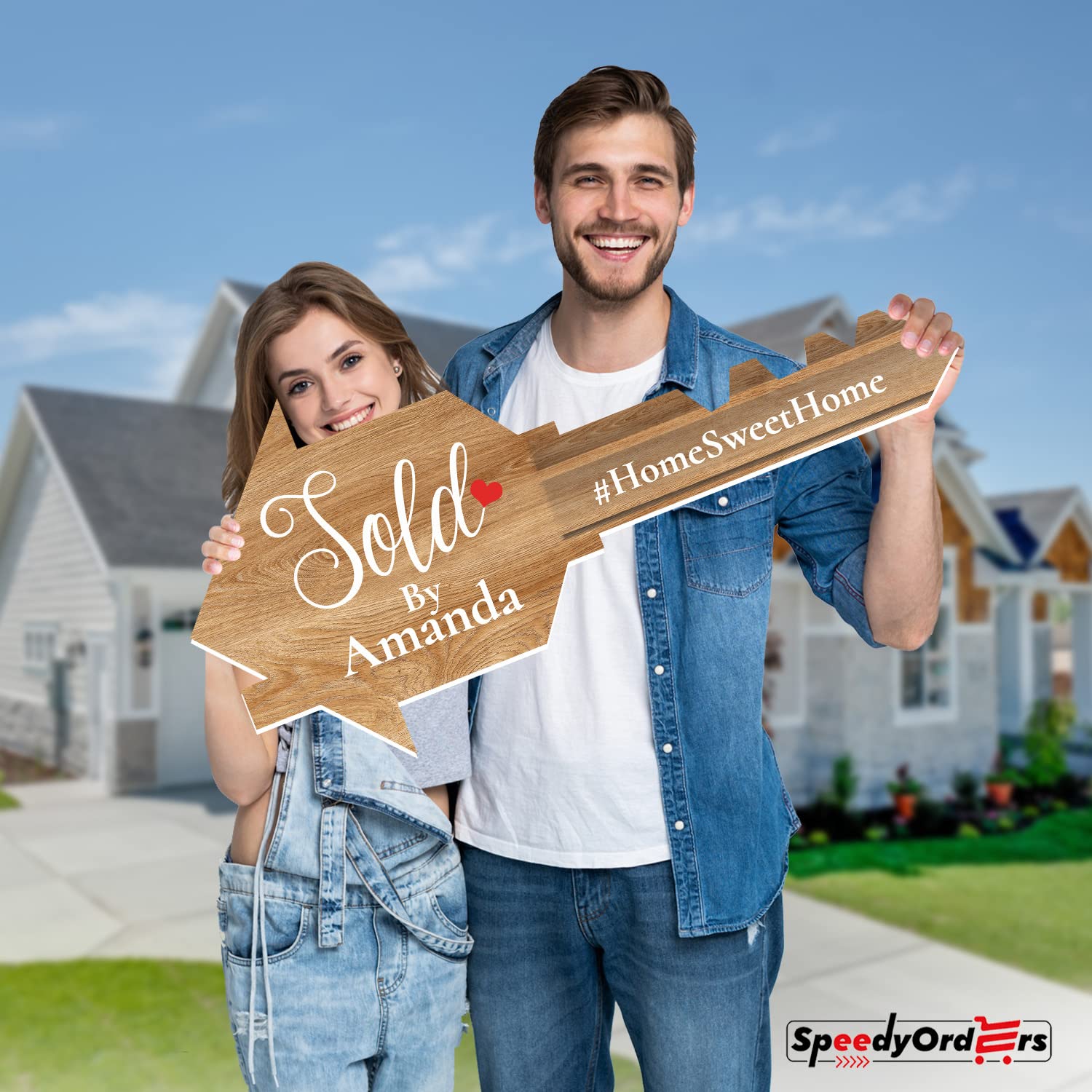Custom Giant Gold Real Estate Sold Key Sign for Realtors - Personalized Marketing Tool for House Closings - Large Bright Wooden Realtor Prop (Perfect for Open Houses, Closing Gifts & Photo Ops)