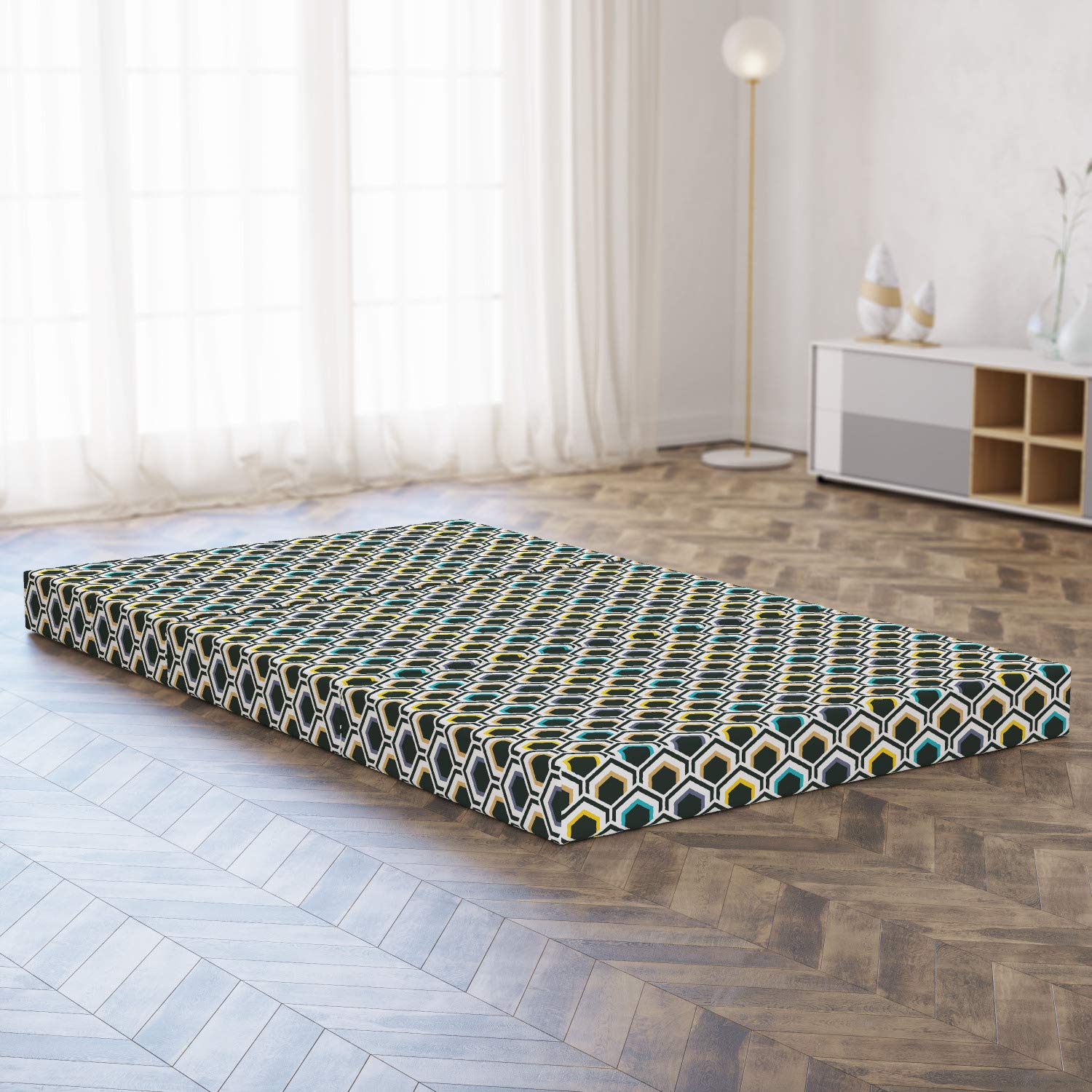 Ambesonne Geometric Foldable Mattress - Hexagonal Overlapping Design for Guest Beds, Camping & Dorm Rooms | Portable Floor Sleeping Mat
