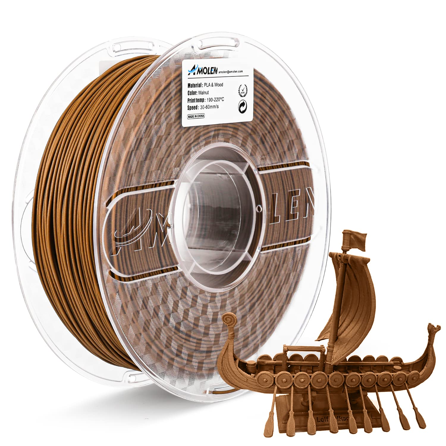 AMOLEN 1.75mm Dark Walnut Wood PLA 3D Printer Filament with Real Wood Fiber - 1KG Spool (±0.02mm Accuracy) for Wood Texture Prints - Perfect for DIY Crafts, Home Decor & Architectural Models