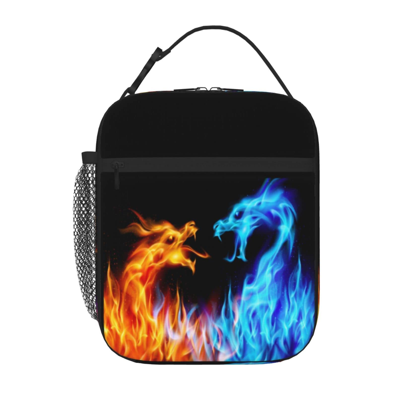 Blue and Red Fire Dragon Insulated Reusable Lunch Bag for Kids - Bento Box Lunch Box for Boys and Girls, Easy-to-Clean Lunchbox for School, Work, Picnic - Perfect for Daily Meals, Outdoor Activities, and Travel