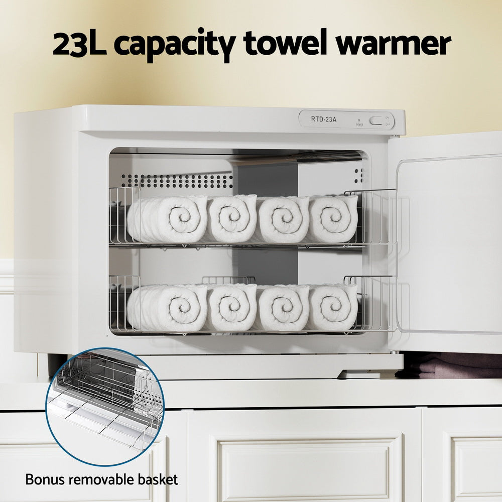 Devanti 23L Towel Warmer with UV Sterilization | Spa & Salon Heated Cabinet | White | Perfect for Home Spa, Salon, and Massage Therapy