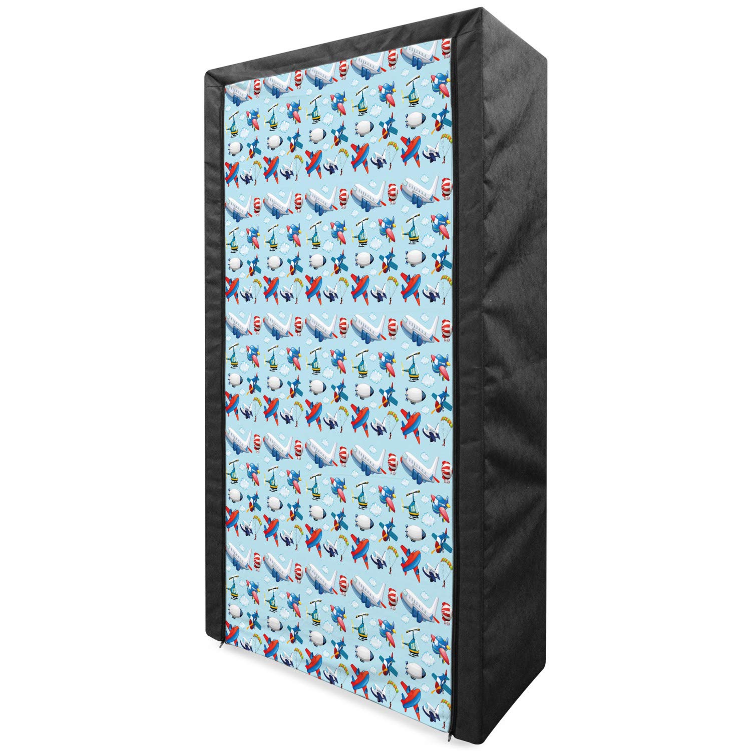 Ambesonne Airplane Themed Portable Fabric Wardrobe - Blue Sky Cartoon Aircraft Design with Skydivers - 33.5