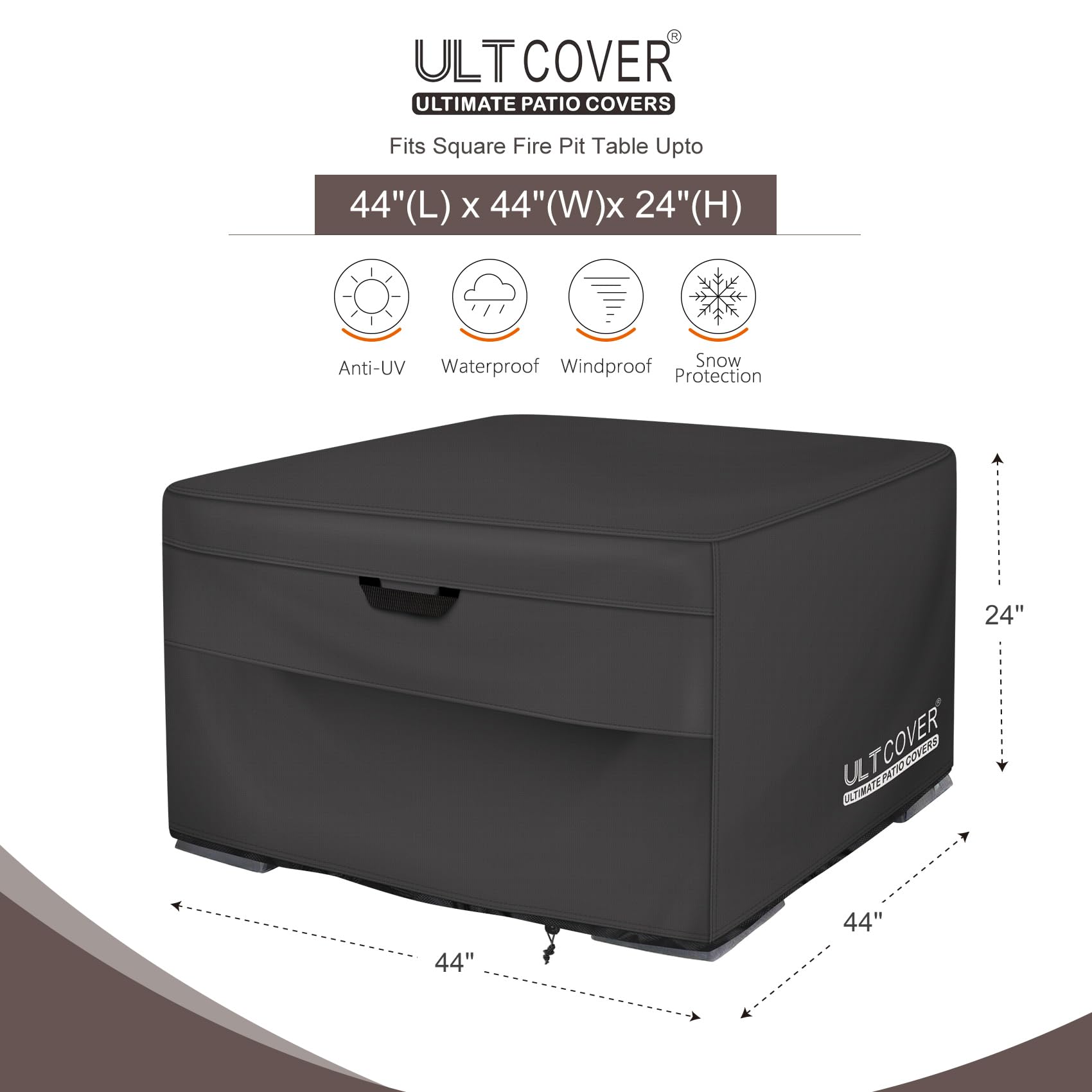 ULTCOVER 44 Inch Square Patio Fire Pit Table Cover - Waterproof Outdoor Fire Bowl Cover in Black for All-Weather Protection | Perfect for Backyard, Deck, and Garden Use