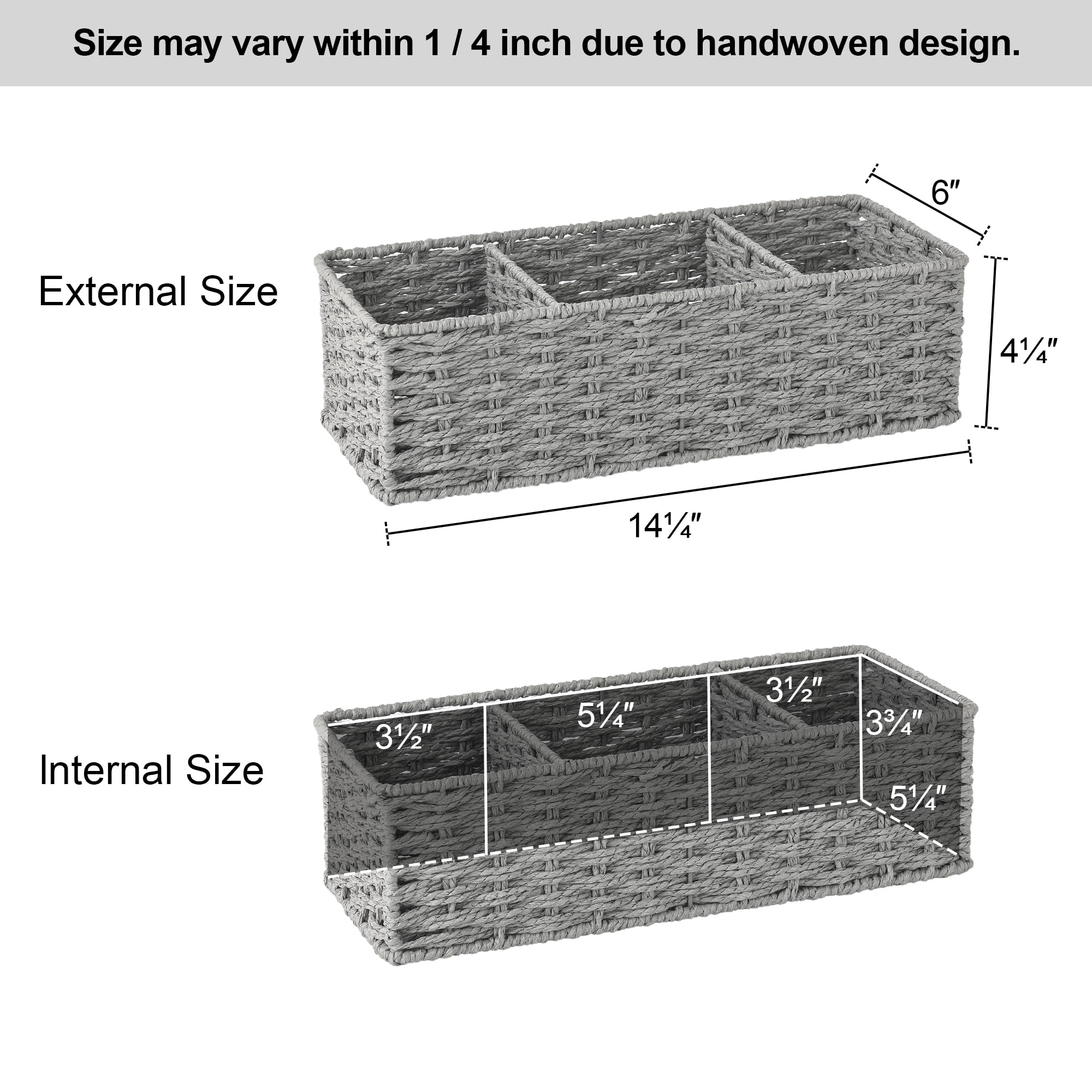 StorageWorks 3-Section Wicker Baskets for Shelves | Hand-Woven Round Paper Rope Storage Baskets (Gray, 2-Pack) | Perfect for Home Organization, Bathroom & Closet Storage
