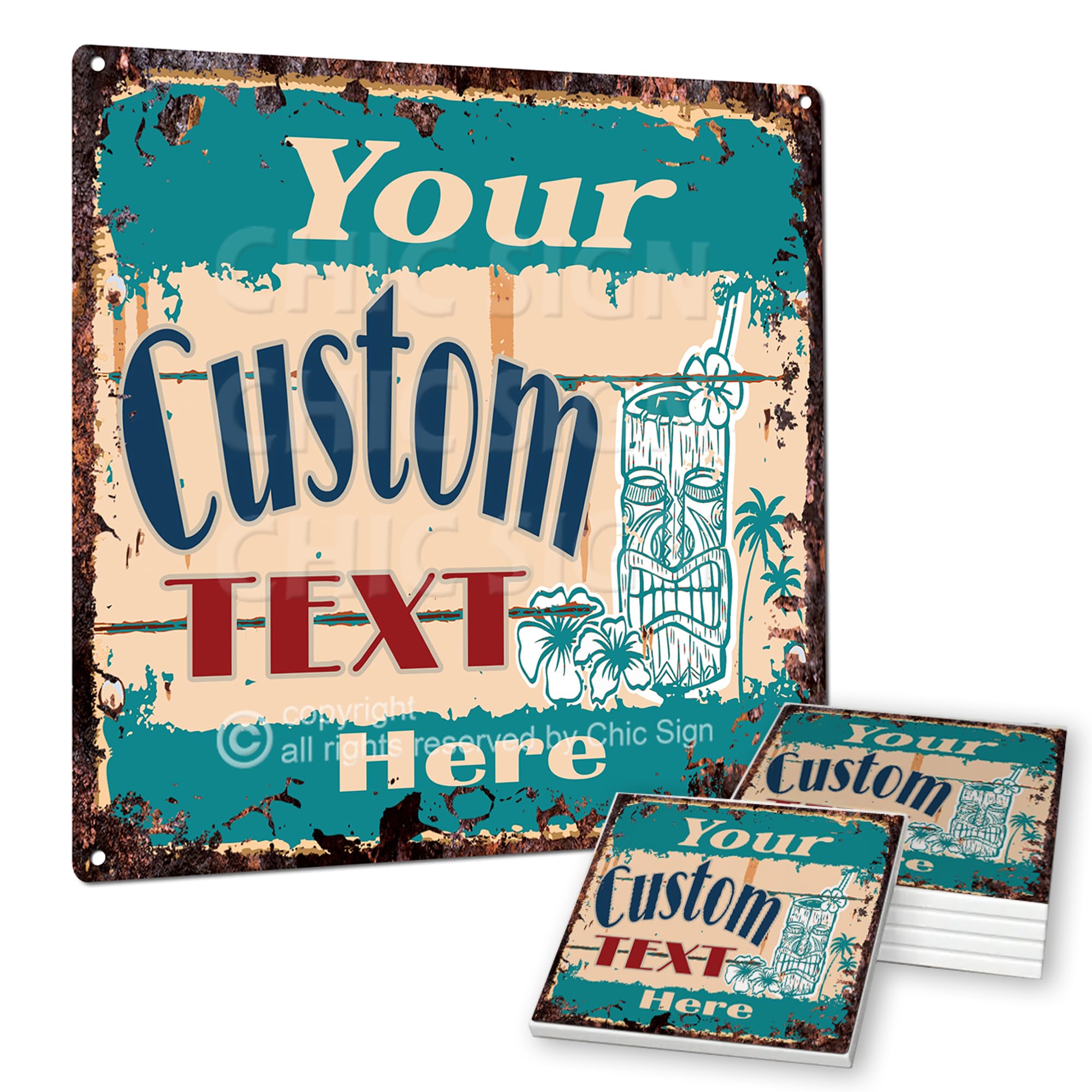 Custom Personalized TIKI BAR Yellow Kitchen Sign - Rustic Vintage Style 12x12 Inch Metal Plate for Home, Man Cave, Coffee Shop & Pub Decor - Unique Gift Idea (Aluminum Sign, Teal Color) - Perfect for Tropical Themed Parties, Beach House Decor & Retro Bar Setup