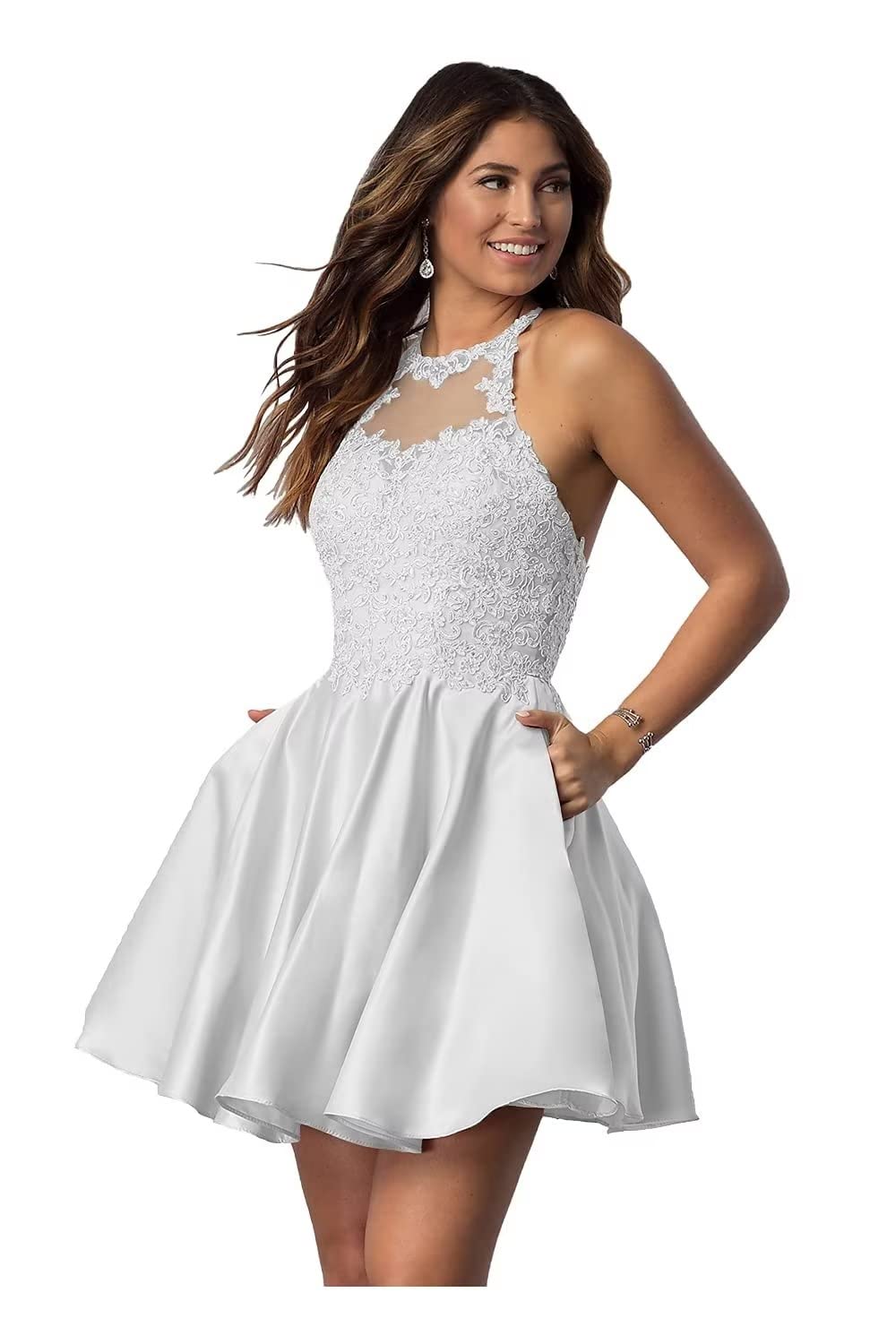Elegant Lace Applique Short Homecoming Dresses with Pockets | Halter Prom Dresses for Teens 2024 | Satin Cocktail Party Dresses for Formal Events & Special Occasions