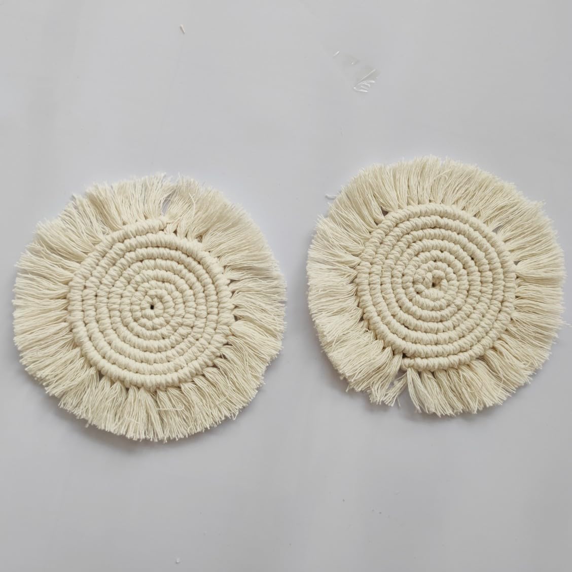 Bohemian Style Macrame Round Coasters Set of 2 - Handmade Cotton Coasters for Coffee Mugs, Tea Cups & Drinkware - Perfect for Dining Table Decor, Coffee Table Centerpiece & Home Decoration (White)