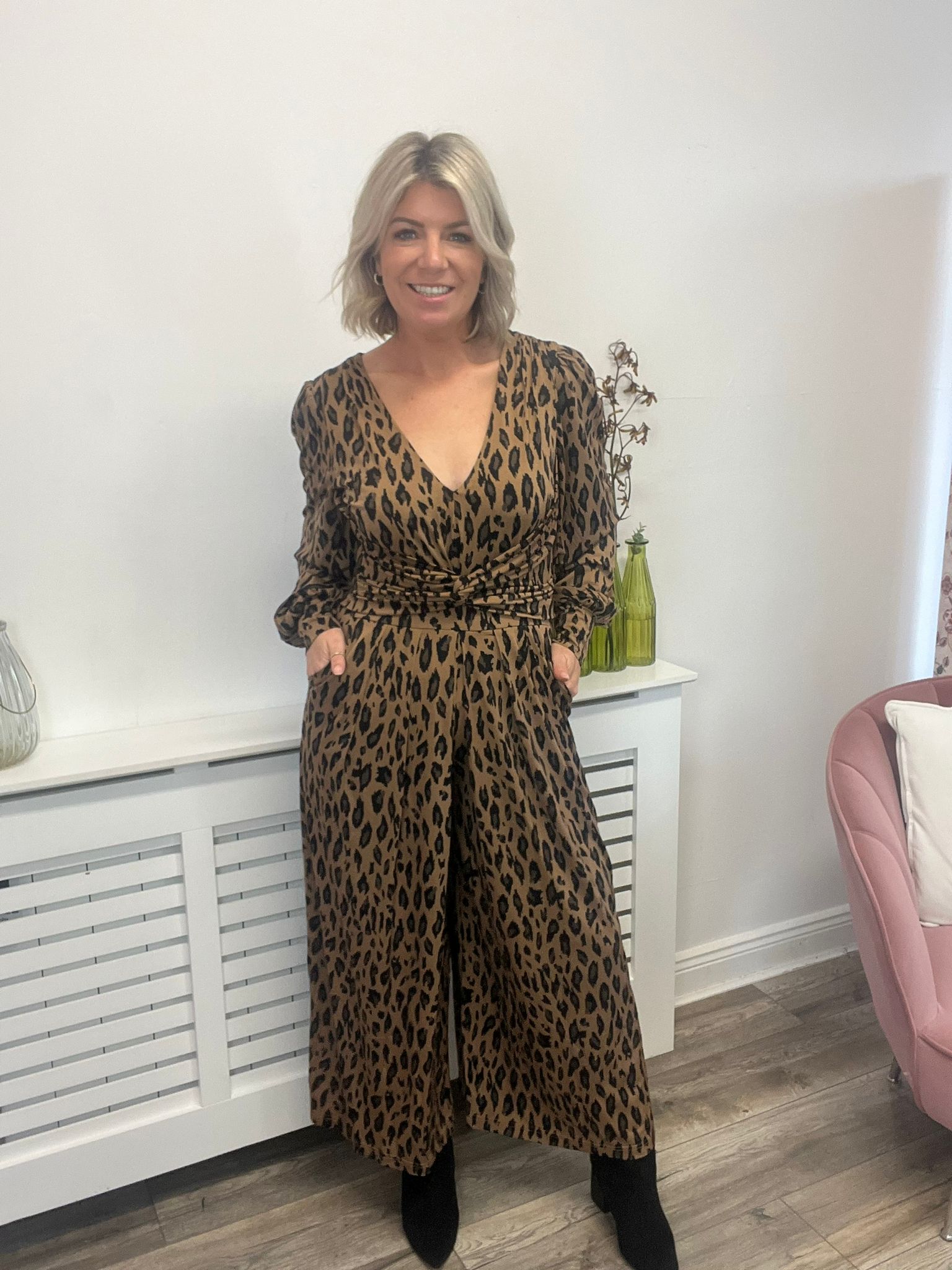 Gael Long Sleeve Jumpsuit for Women - Brown Animal Print Romper with Pockets | Casual Outfit for Fall, Date Night & Streetwear Fashion