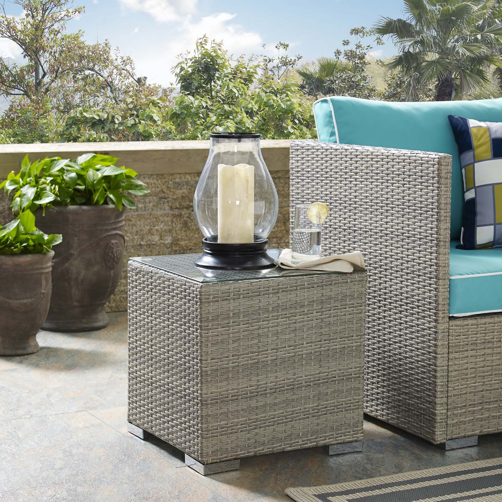 Modway Repose Light Gray Wicker Rattan Outdoor Patio Side Table with Glass Top - Perfect for Poolside, Garden, and Backyard Relaxation