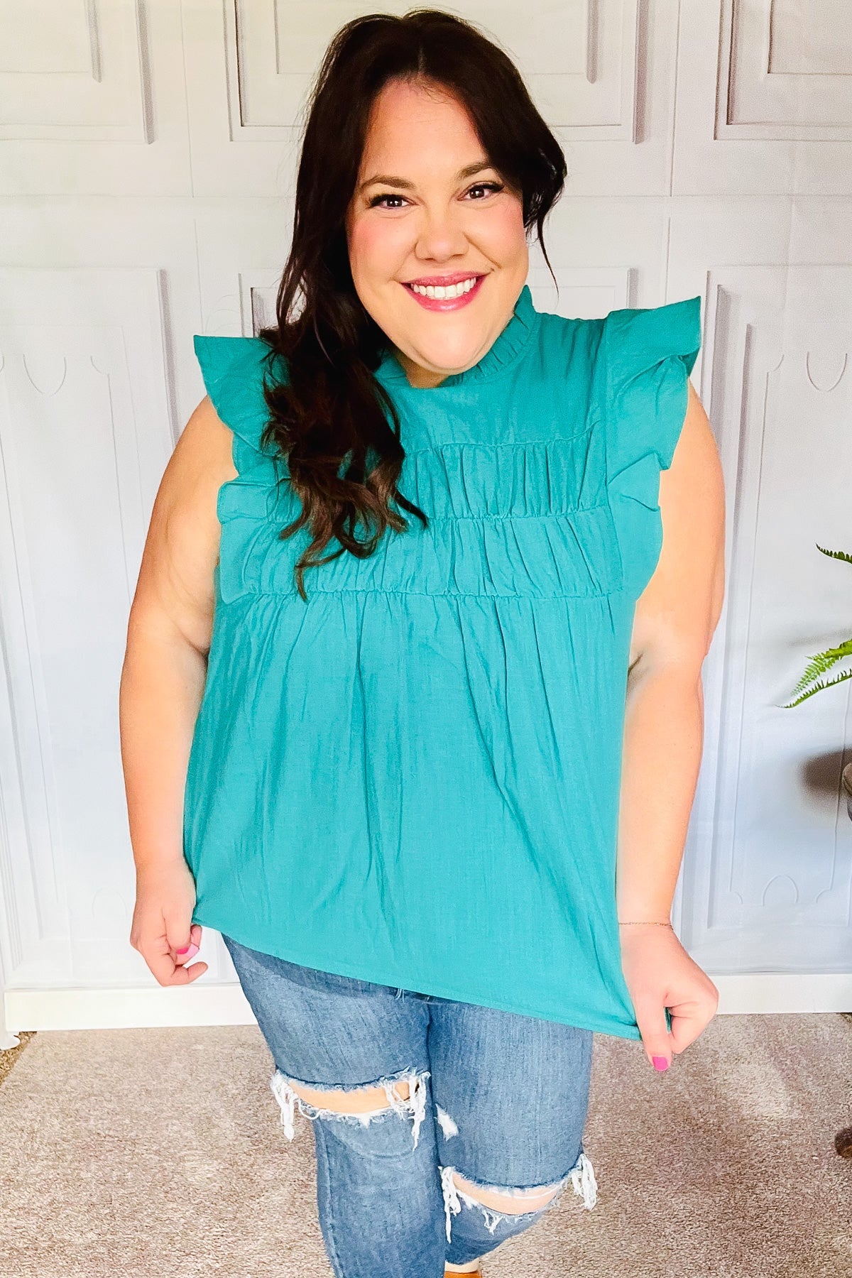 Stylish Turquoise Cotton Mock Neck Flutter Sleeve Blouse with Frill Details - Perfect for Date Nights, Office Wear & Summer Outfits