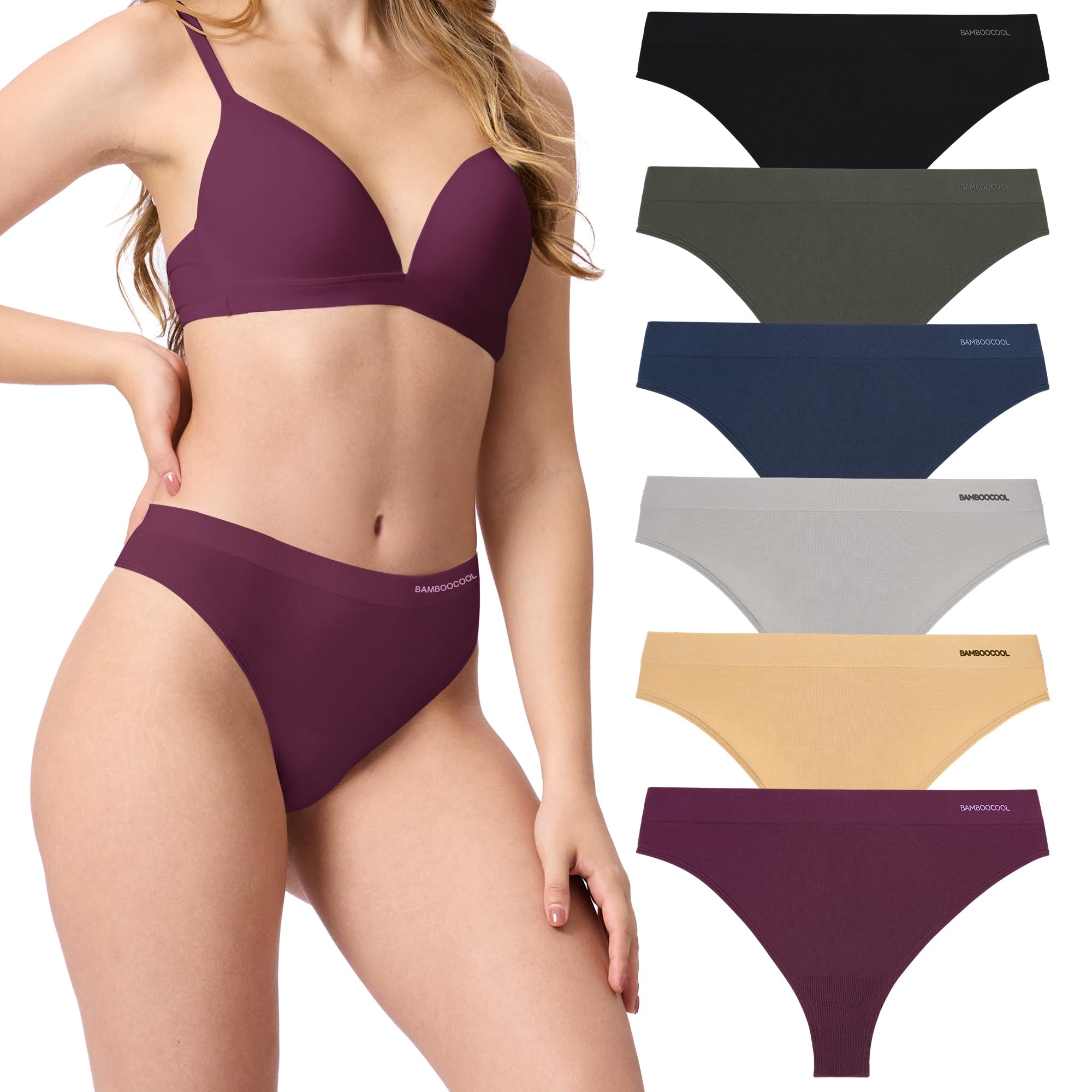 BAMBOO COOL Women's Seamless Thong Underwear - Moisture Wicking, Breathable, High Stretch Mid Waist Panties - Tagless Comfort - 6 Pack Multipack - Perfect for Yoga, Workout & Everyday Wear