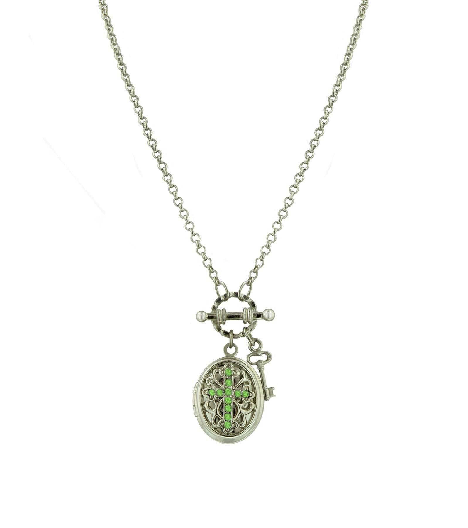 1928 Birthstone Cross Locket Necklace - Personalized Sterling Silver Pendant with 24