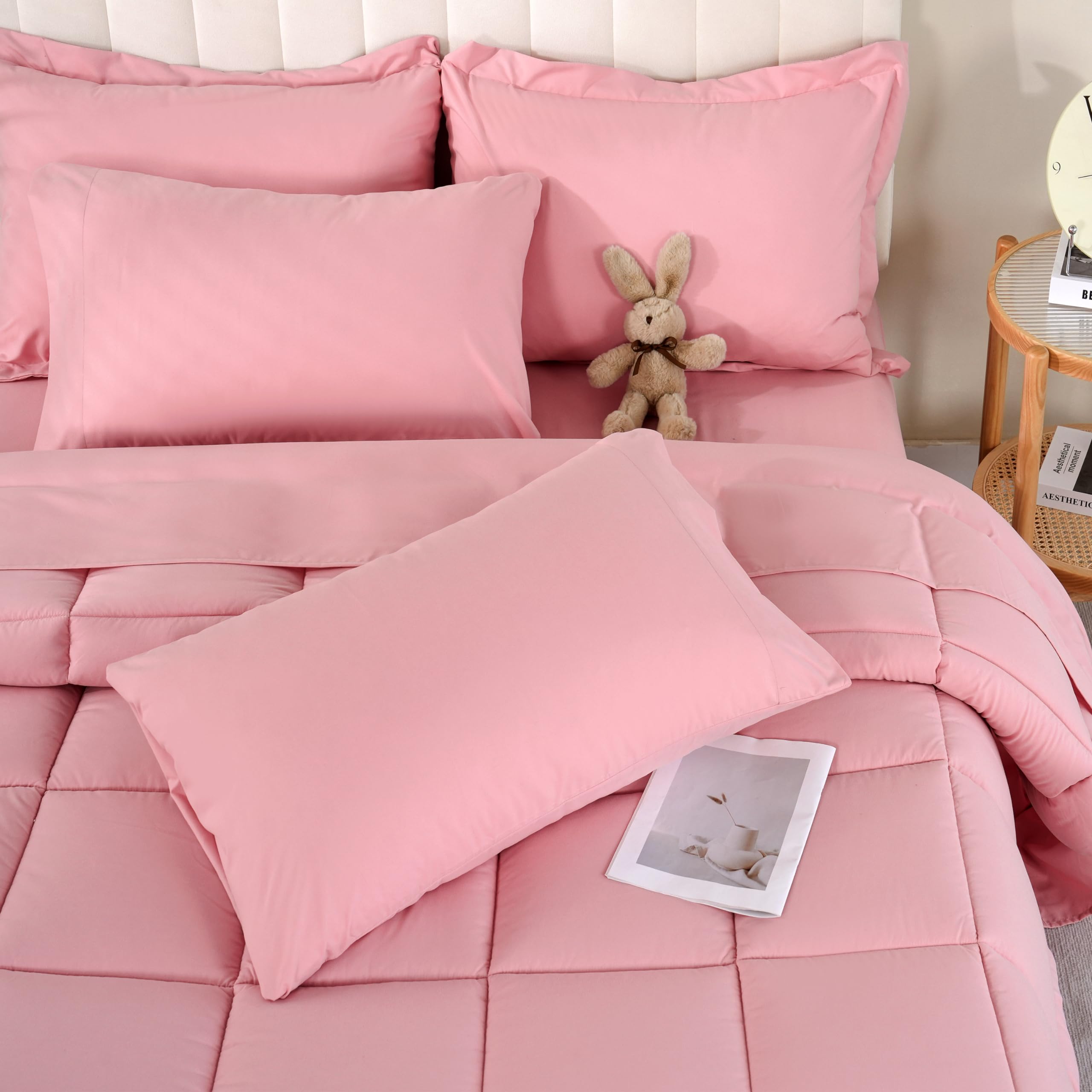 DOWNCOOL Queen Comforter Set - 7 Piece All Season Down Alternative Bedding in a Bag (Comforter, Flat Sheet, Fitted Sheet, 2 Pillow Shams & 2 Pillowcases) - Soft Pink Luxury Bedding for Master Bedroom, Guest Room & Dorm