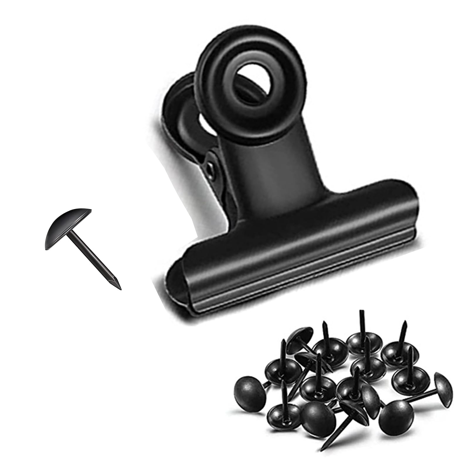 32 Pack Metal Clips with Push Pins - Heavy Duty Bulldog Clips for Hanging Pictures, Small Hinge Clips for Photos & Crafts, Mini Binder Clips for Office, School & Home Organization (Black, 0.9 Inch) - Perfect for Bulletin Boards, Wall Decor, Scrapbooking & Document Filing