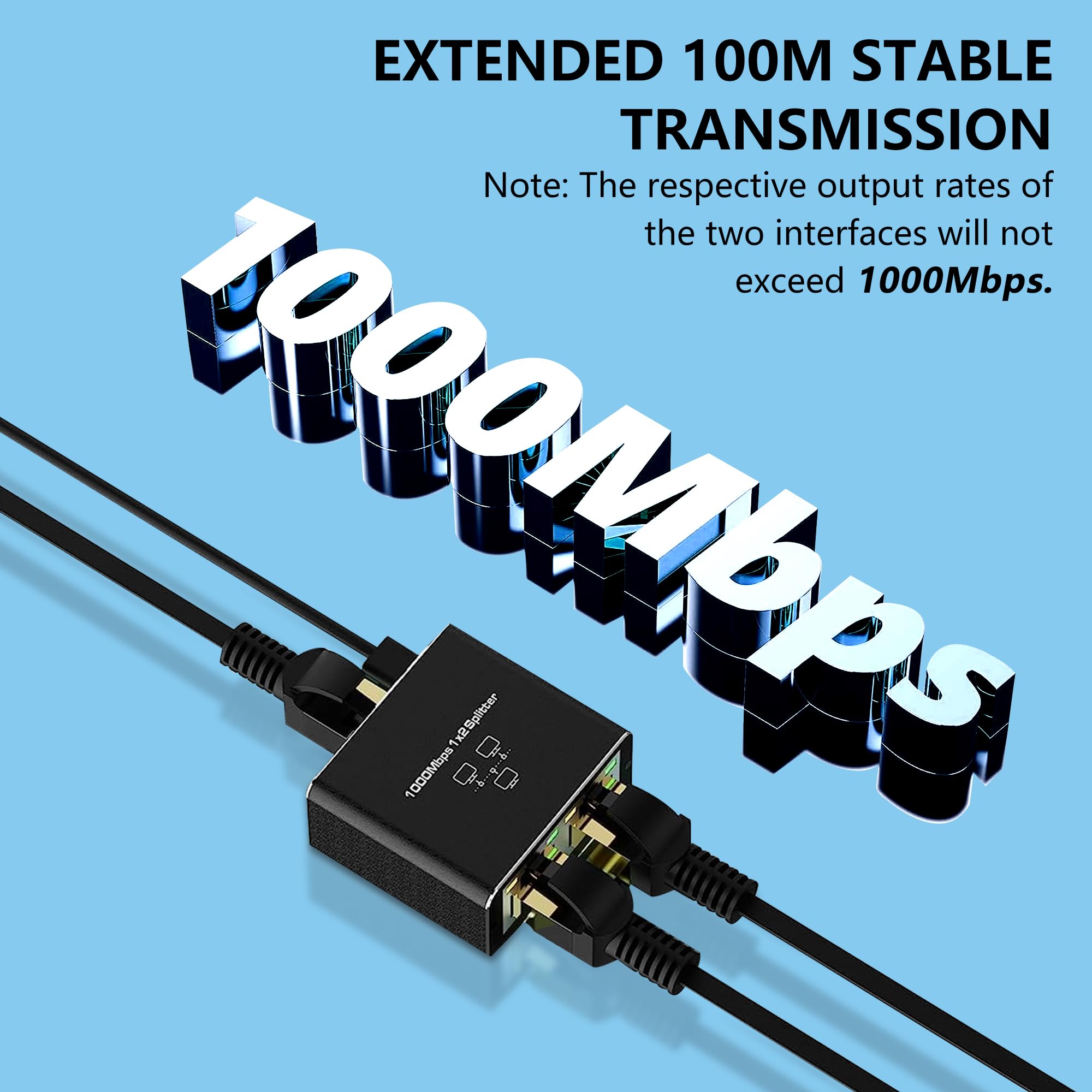 Gigabit Ethernet Splitter 1 to 2 Port, High Speed LAN Network Adapter with USB C Charging Cable - Plug & Play for Cat5/Cat5e/Cat6/Cat7/Cat8 RJ45 Cables - Ideal for Home Office, Gaming & Streaming Setup